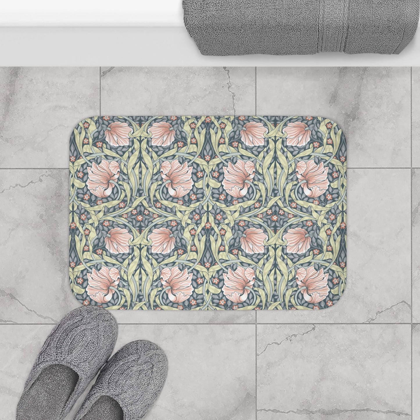 William Morris Bath Mat: Salmon Pimpernel Floral, Super Soft Rug