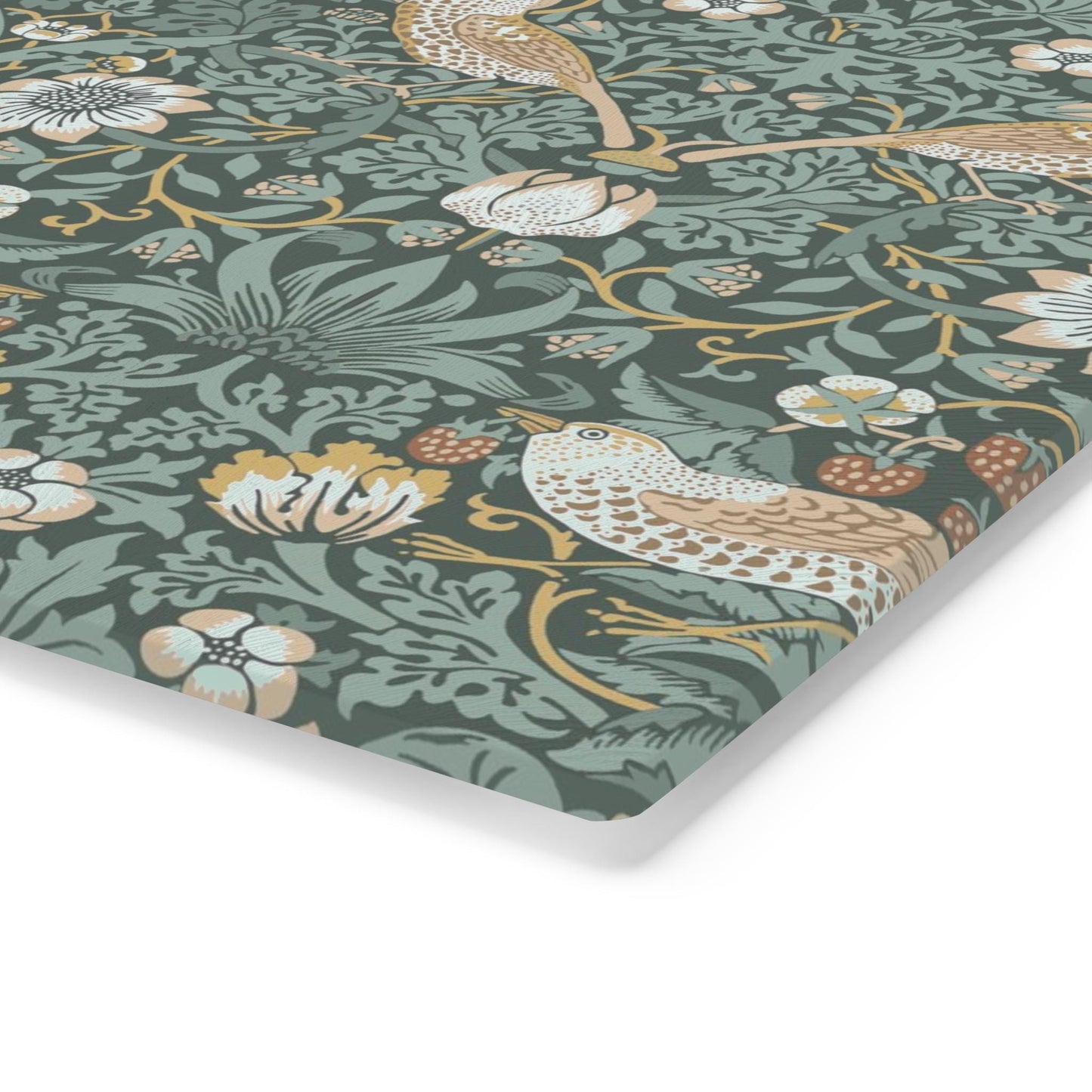 William Morris Strawberry Thief Cutting Board: Teal Tempered Glass Cheese Board
