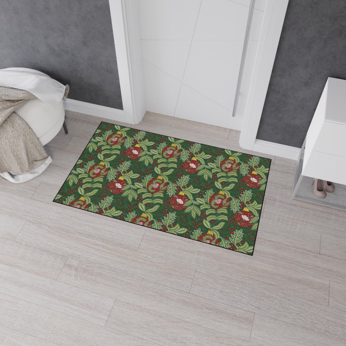 Morris Style Christmas Floor Mat: Art Deco Ornaments Rug