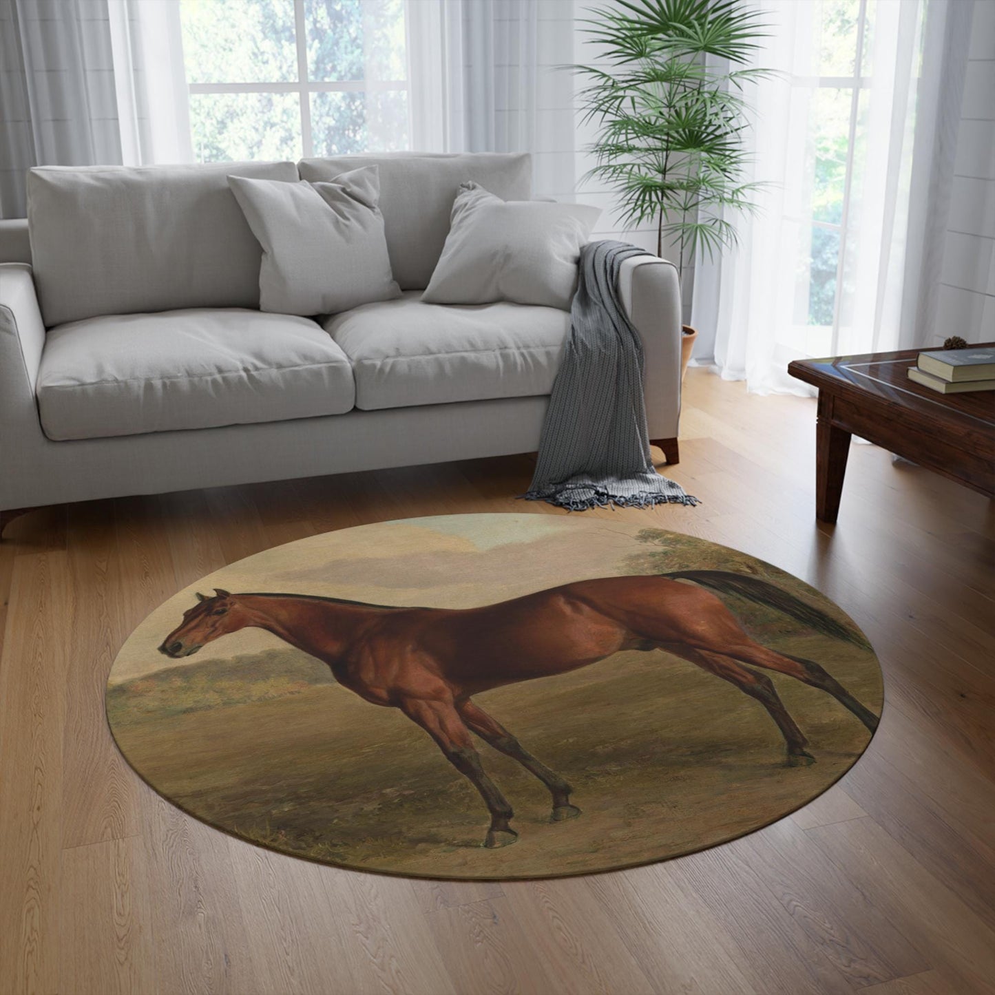 Vintage Horse Round Rug: William Berraud Equestrian Art Carpet