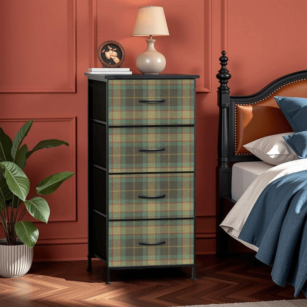 4-Drawer Dresser, Blue Green Tartan Plaid Fabric Drawers