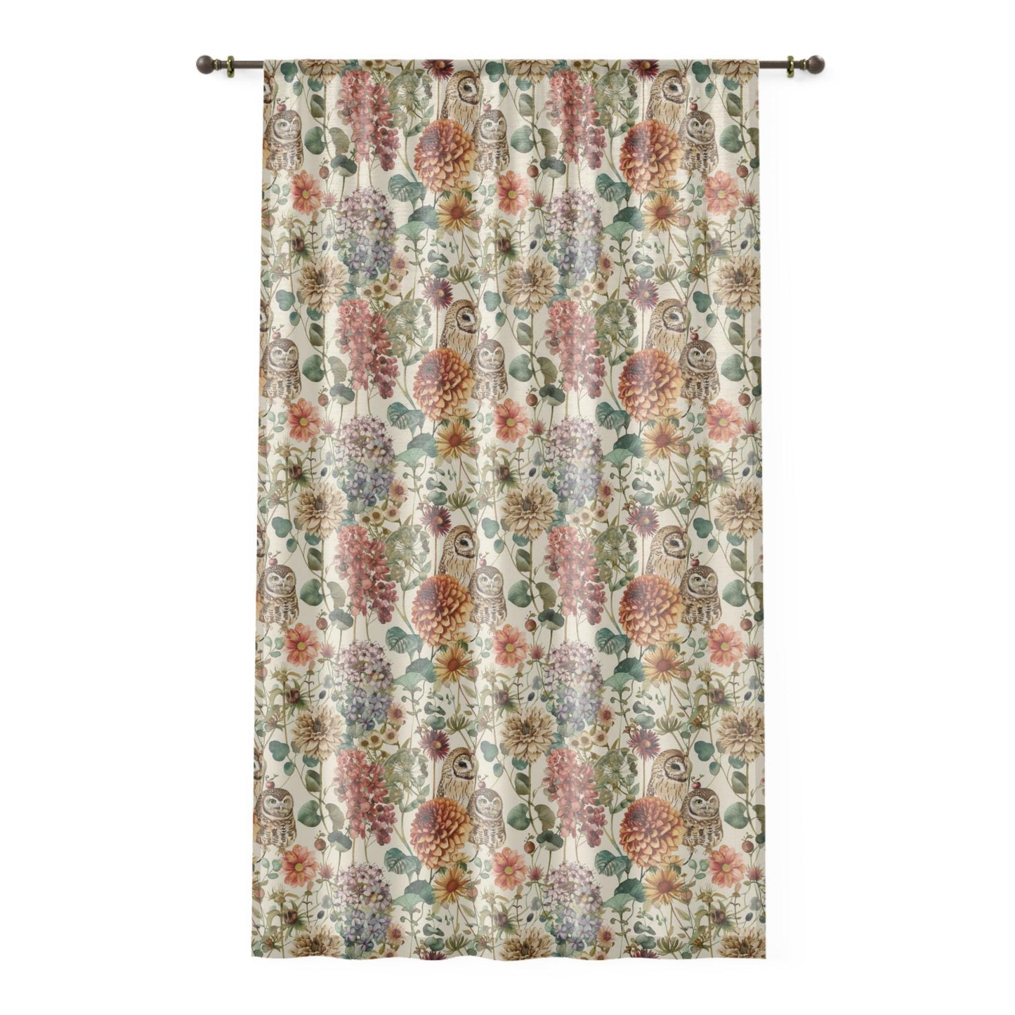 Autumn Floral Owl Sheer Curtain: Cozy Polyester Voile - 50" × 84"