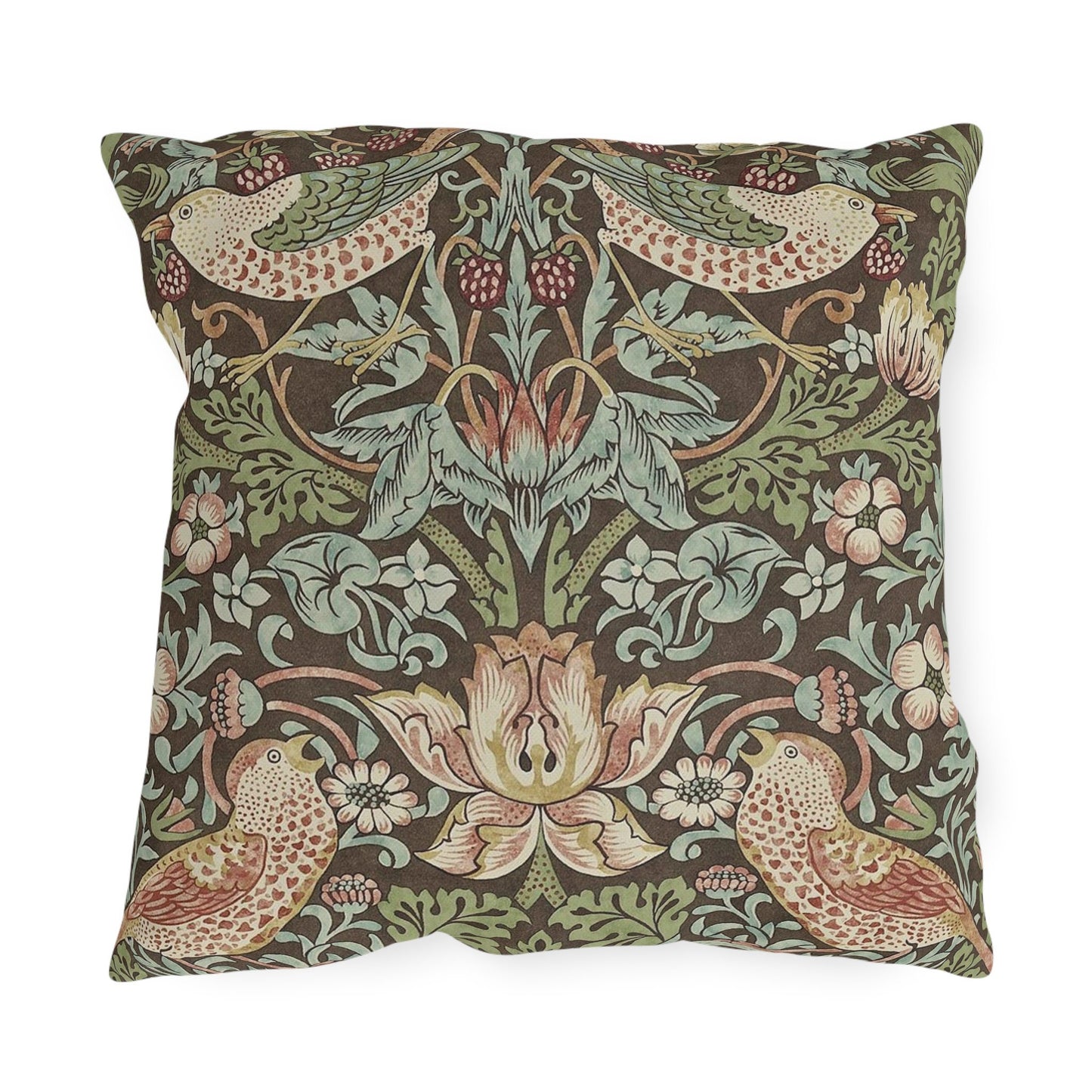 Brown Strawberry Thief Waterproof Pillow - Outdoor Patio Throw Pillow - William Morris Garden Decor