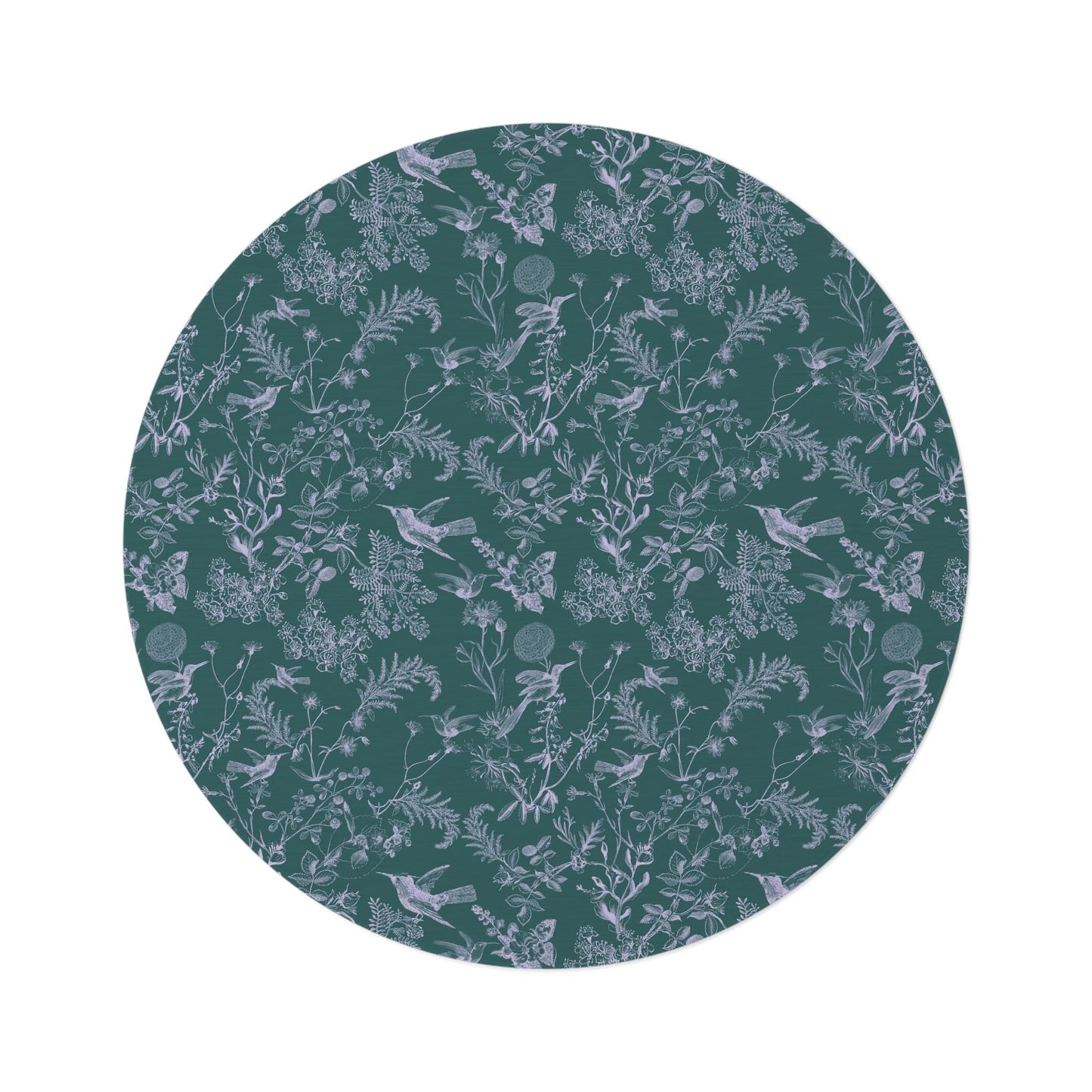 Hummingbird Toile Round Rug in blue-green, Large 5x5 Ft Boho Flat Profile Area Mat