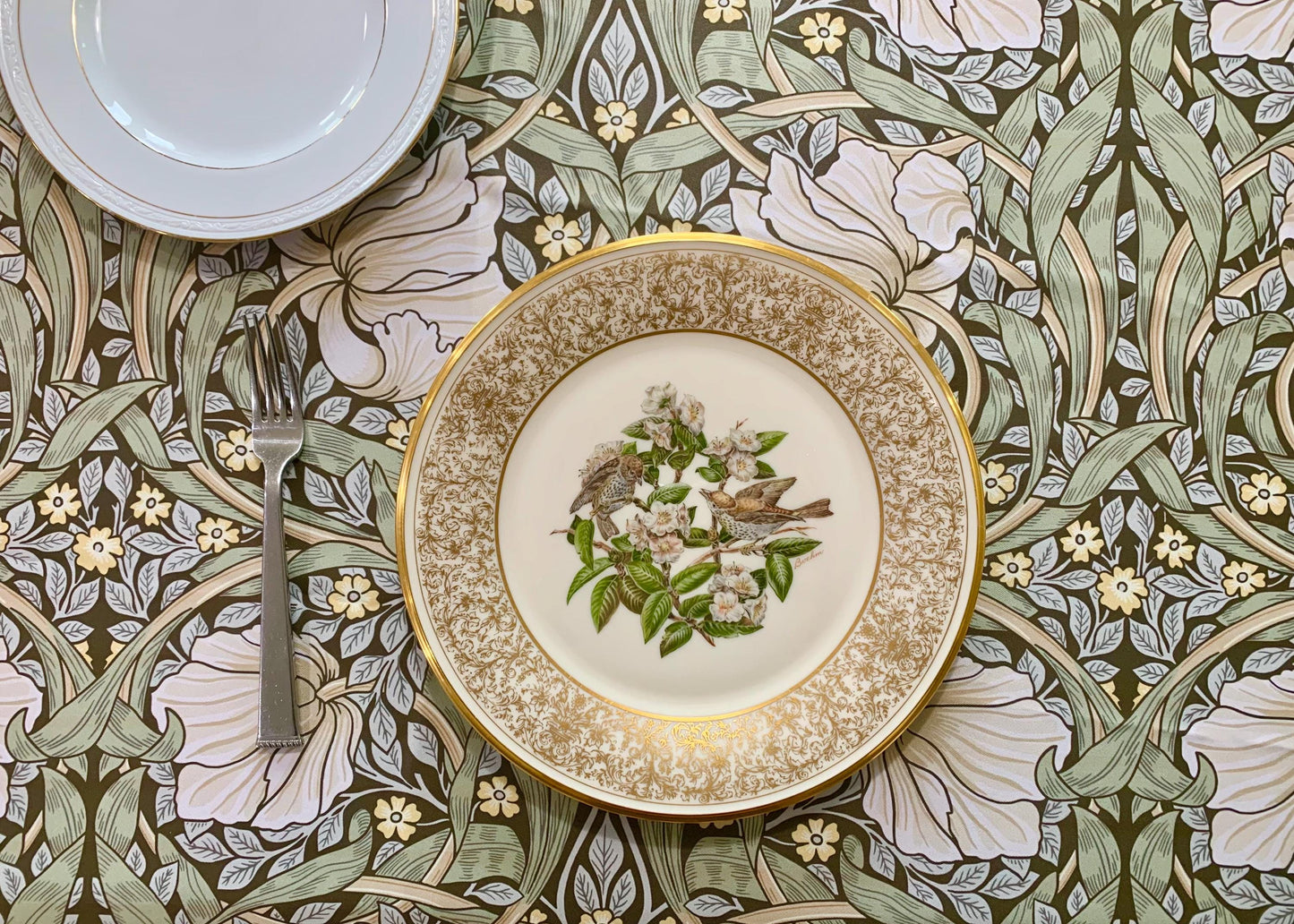 William Morris Pimpernel Tablecloth: Maximalist Olive Green Dining Decor