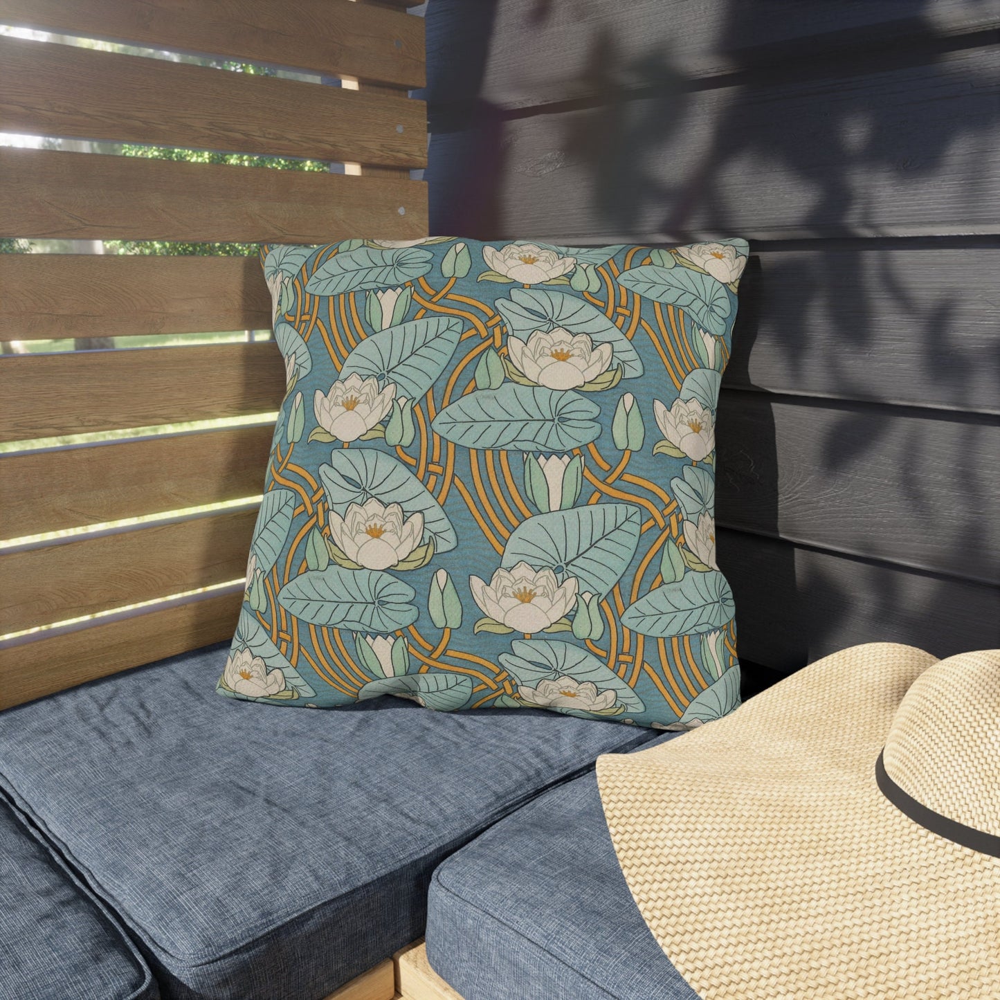 Art Nouveau Water Lily Outdoor Pillow: Verneuil Boho Garden Decor