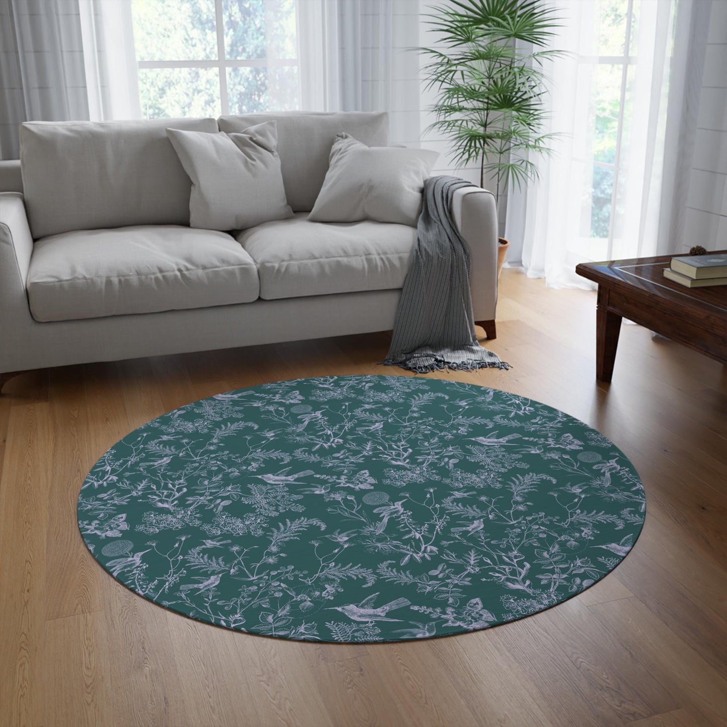 Hummingbird Toile Round Rug in blue-green, Large 5x5 Ft Boho Flat Profile Area Mat