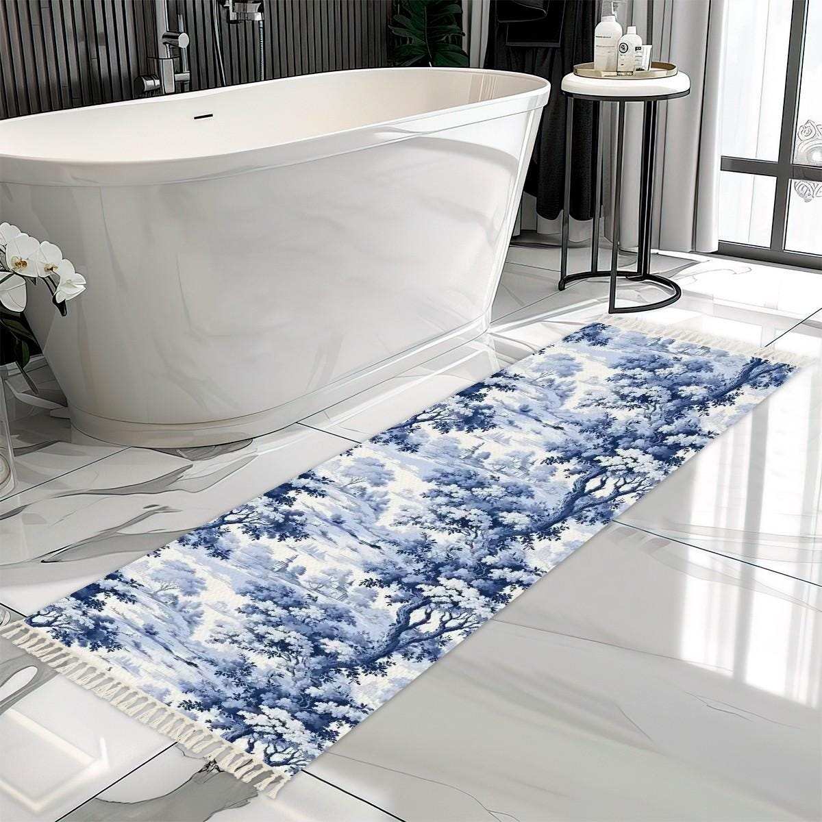 French Country Toile Runner Rug: Silky Blue Chinoiserie, Eco-Latex Backed