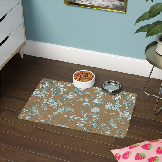 Hummingbird Toile Pet Mat: French Country Green and Brown Floral Food Mat (12x18)