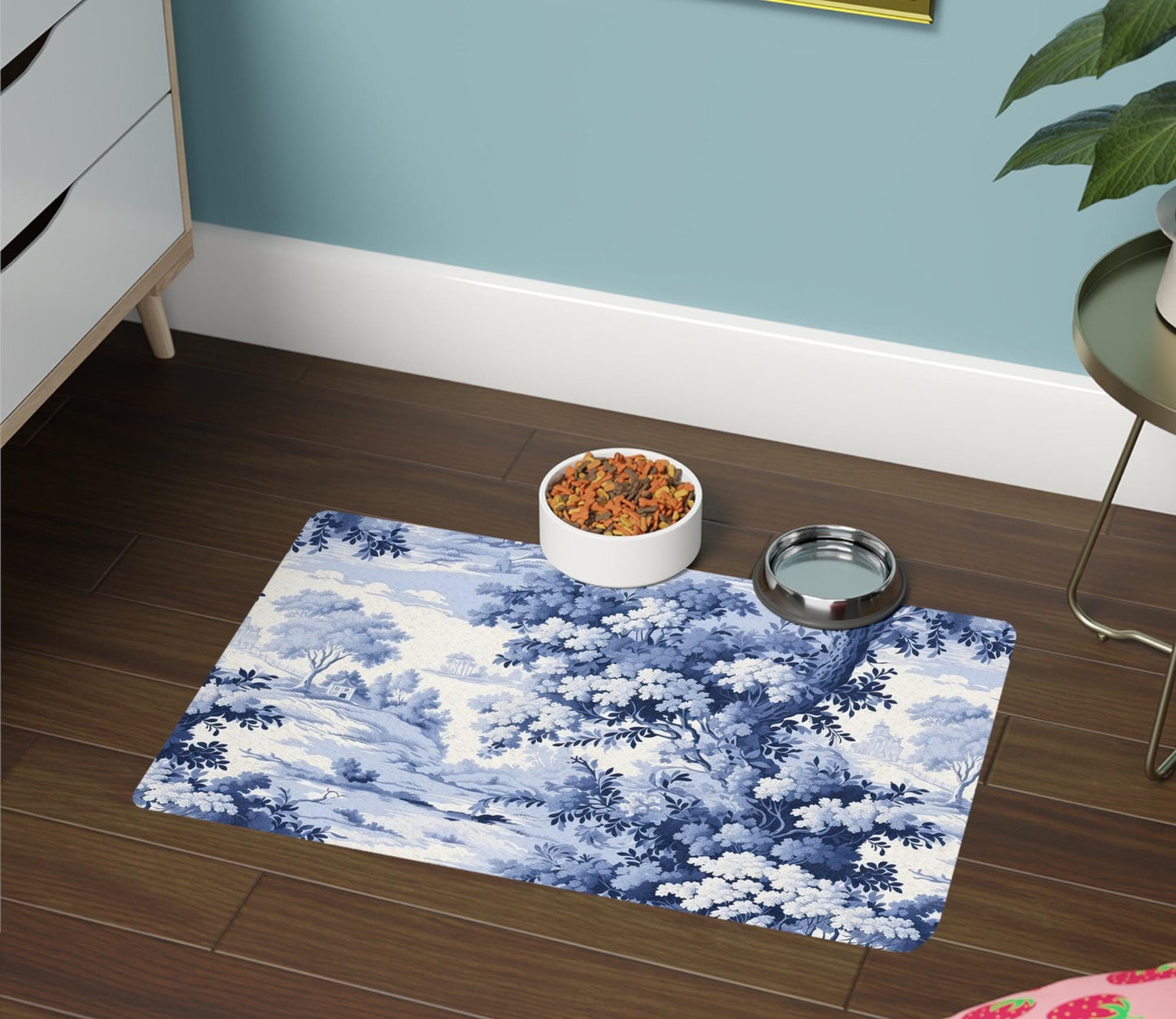 Blue Toile Pet Mat: French Country Floral Food Mat (12x18)
