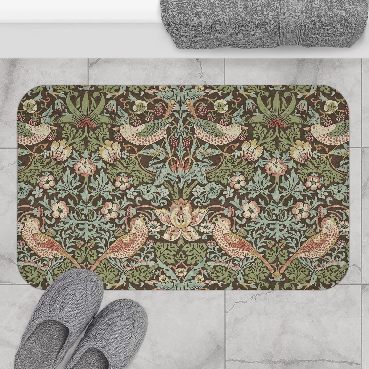Strawberry Thief Bath Mat, Moddy Floral  William Morris Earthy Floral Microfiber Rug