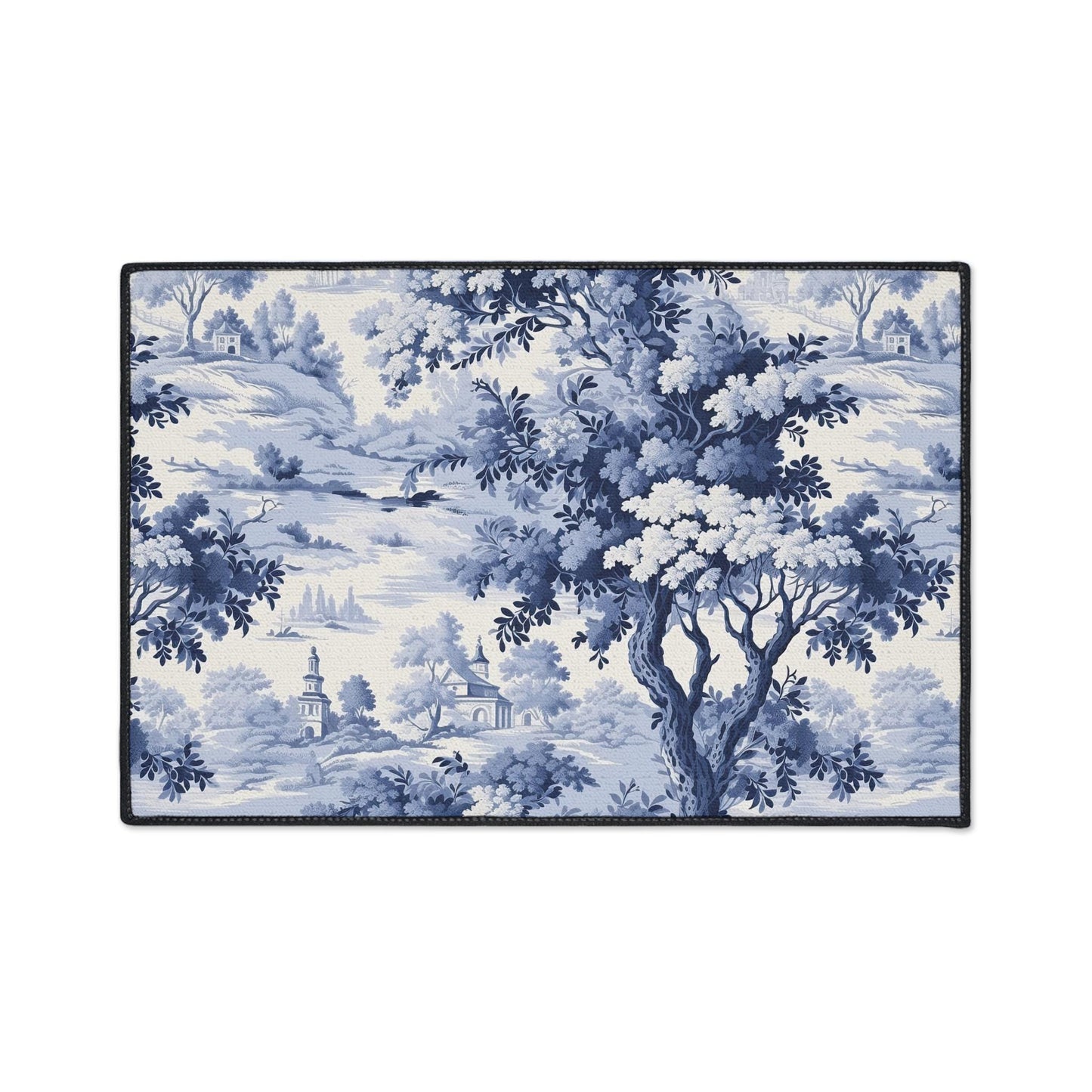 Blue Toile Chinoiserie Kitchen Rug: French Forest Heavy Duty Mat