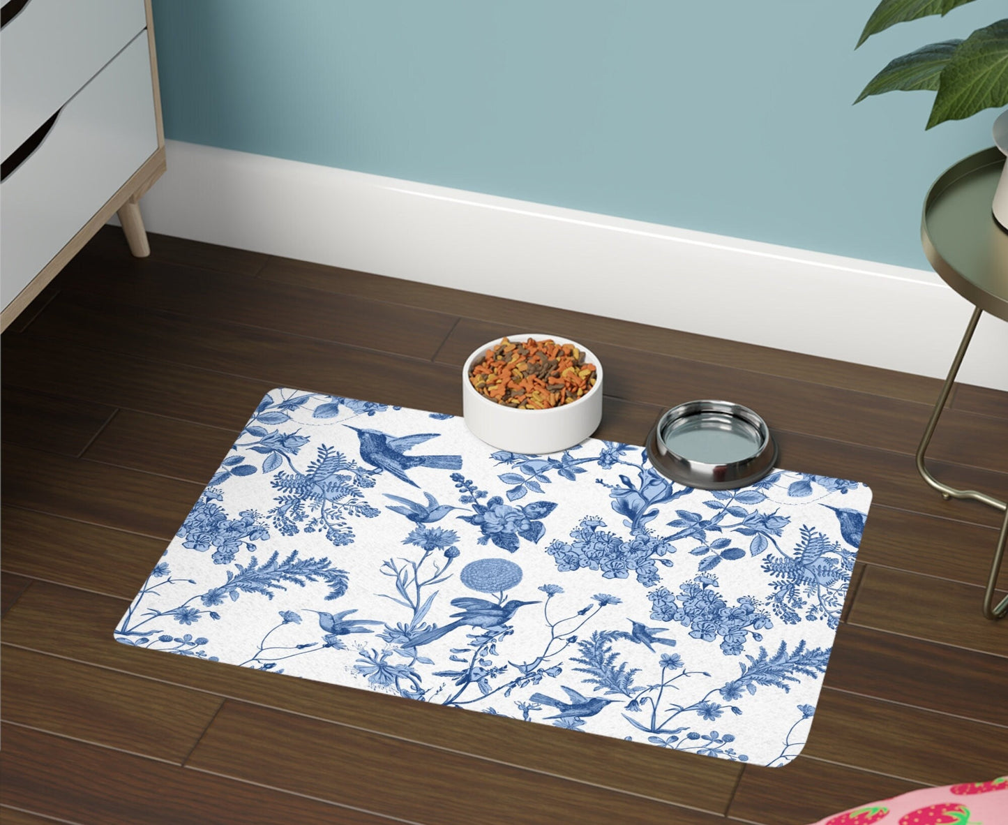 Blue Hummingbird Toile Pet Mat: French Country Floral (12x18)