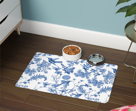 Blue Hummingbird Toile Pet Mat: French Country Floral (12x18)