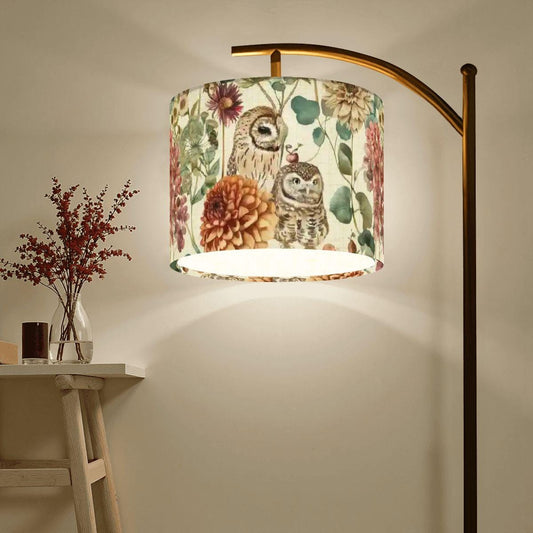 Autumn Owl Floral Arc Floor Lamp (Made in USA) Fabric Shade, Black Metal