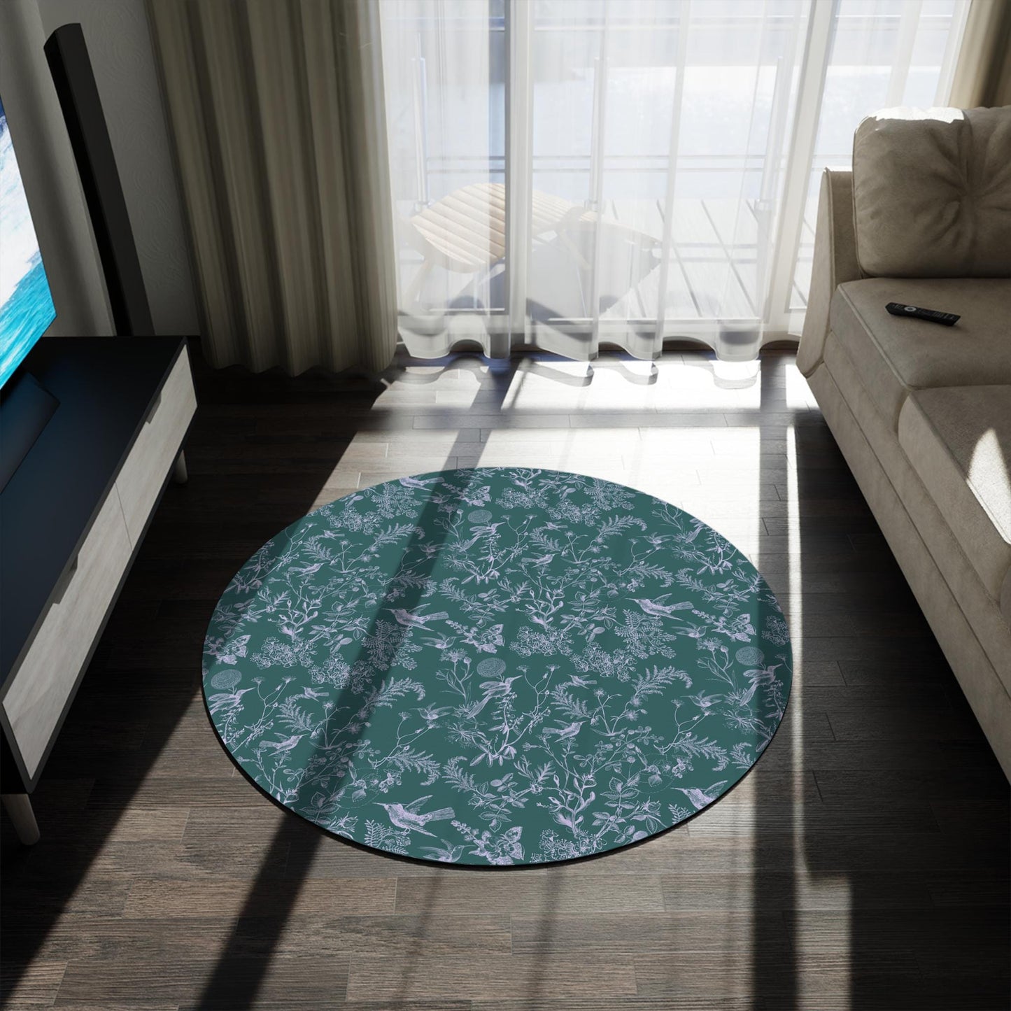 Hummingbird Toile Round Rug in blue-green, Large 5x5 Ft Boho Flat Profile Area Mat