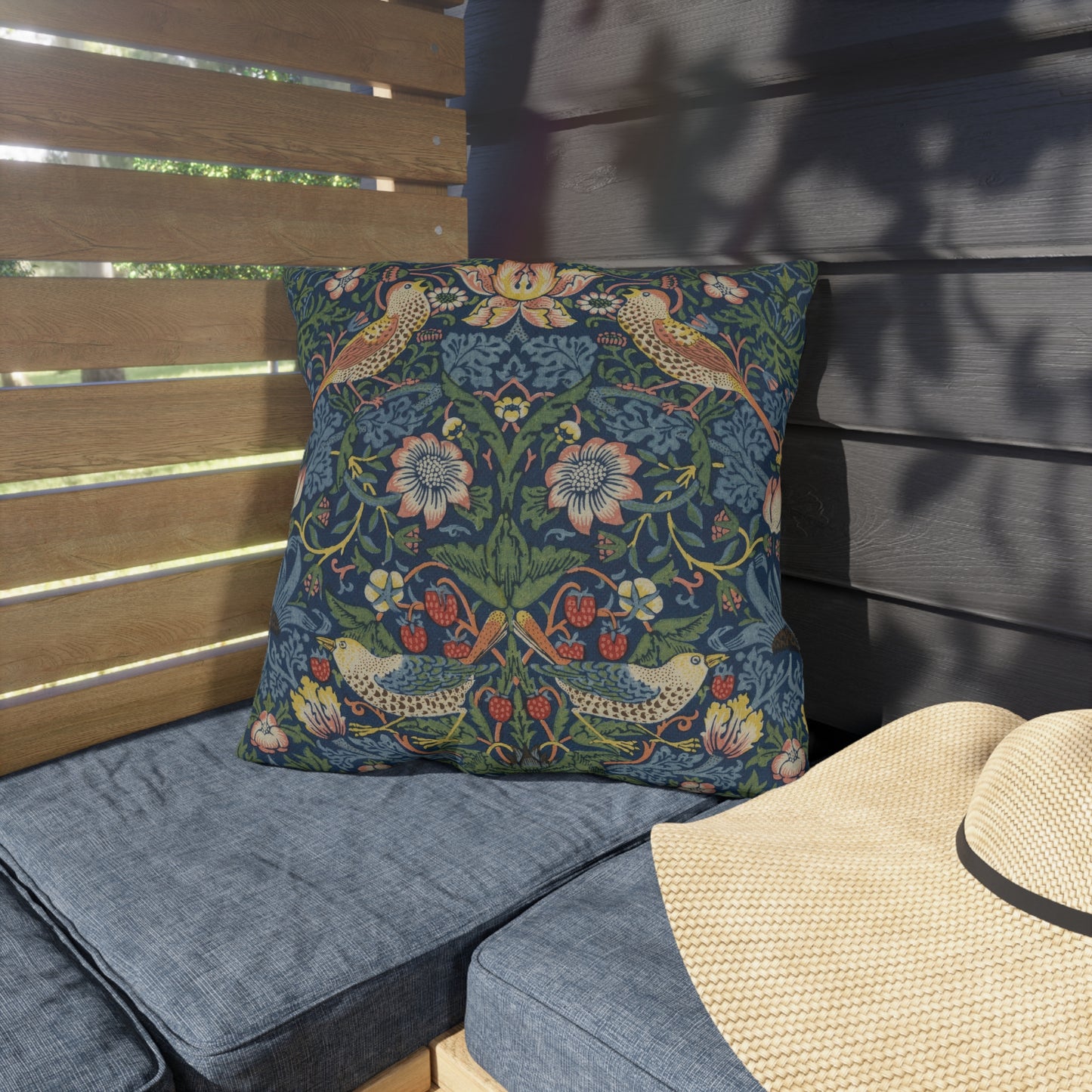 Strawberry Thief Waterproof Pillow - Outdoor Patio Throw Pillow Deep Blue William Morris Cushion