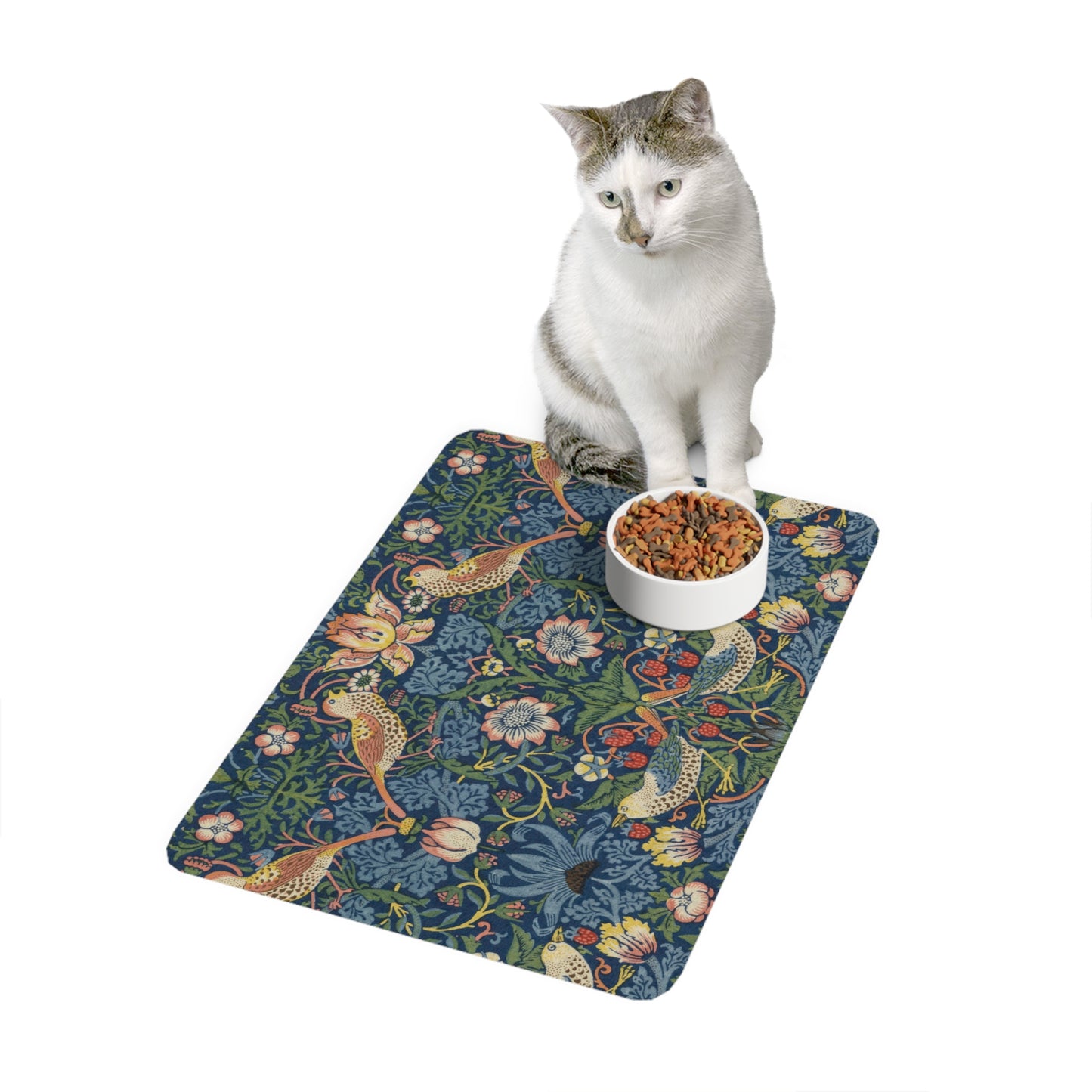 William Morris Strawberry Thief Pet Mat - Beautiful Arts and Crafts Boho Pet Food Mat (12x18)