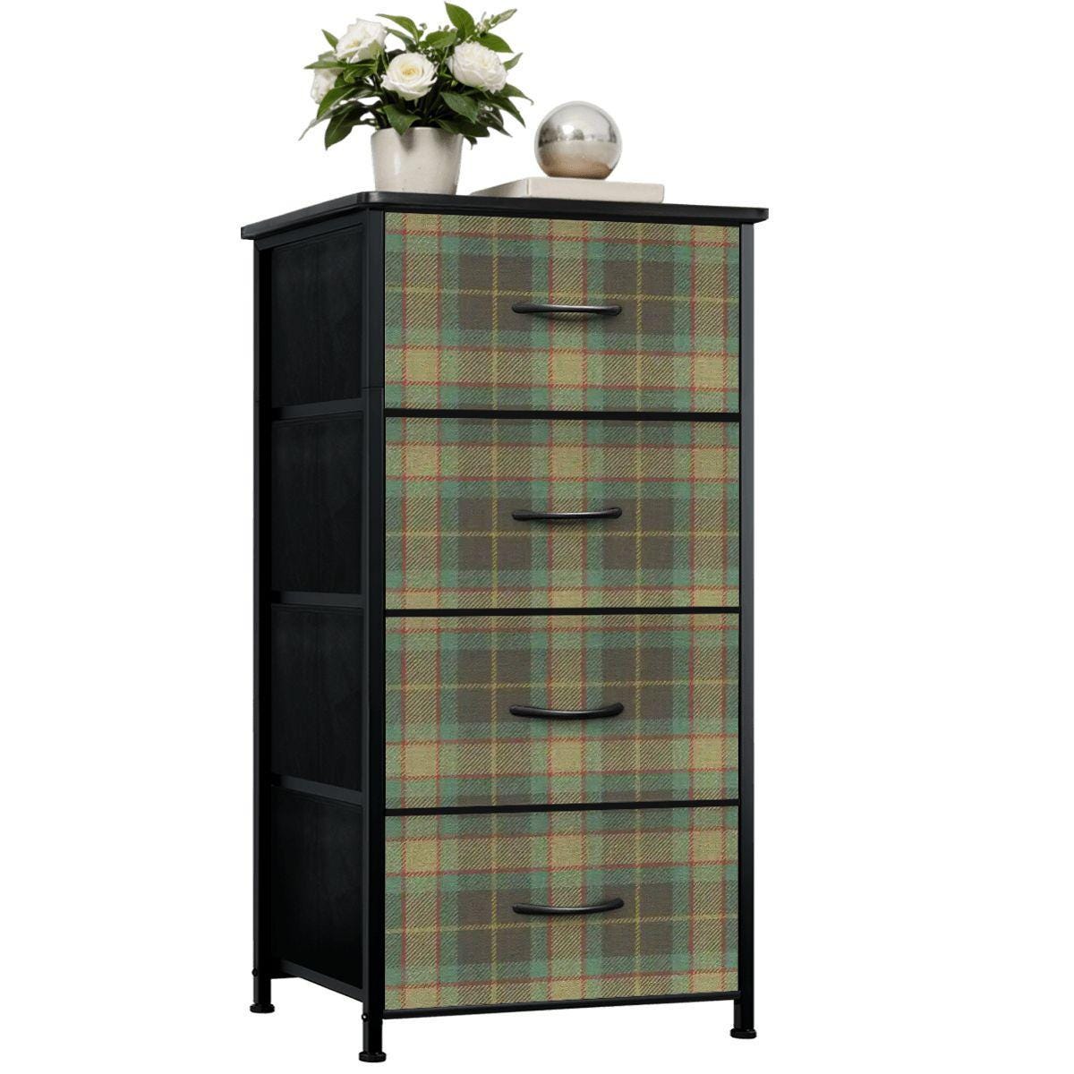 4-Drawer Dresser, Blue Green Tartan Plaid Fabric Drawers