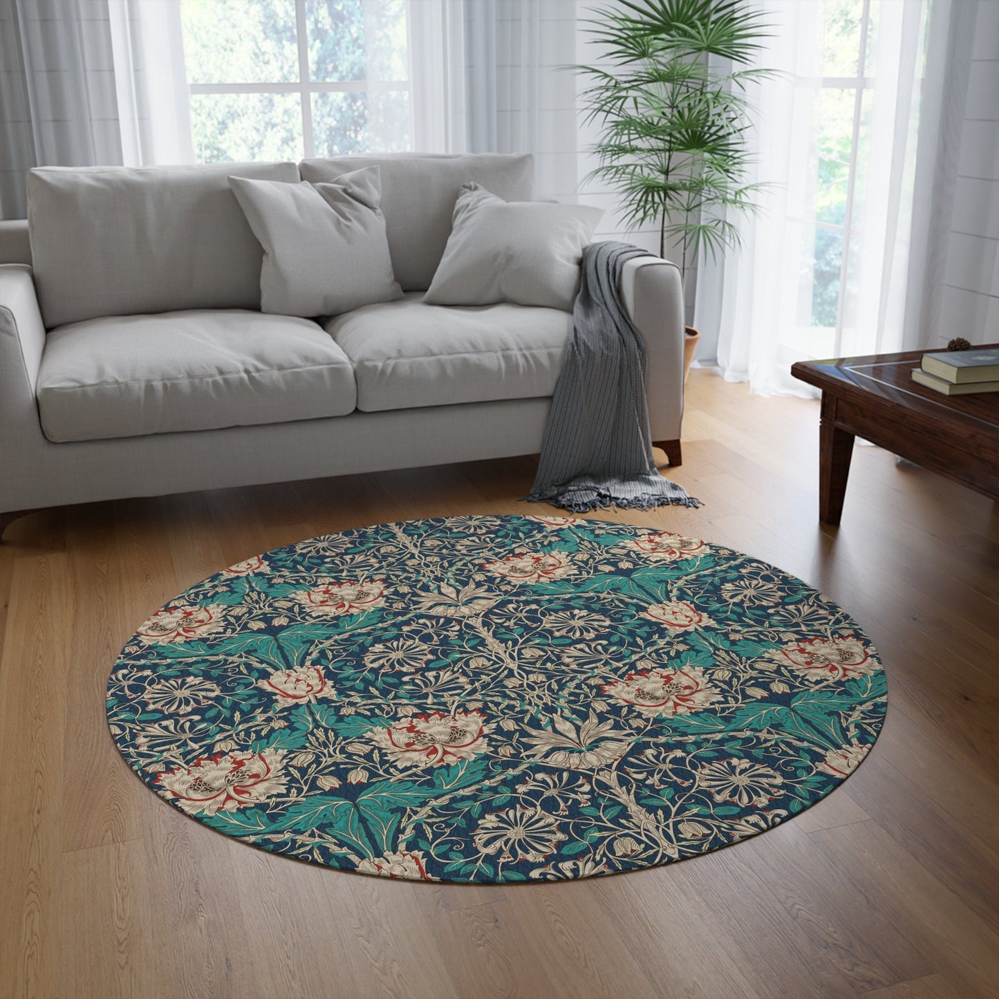 Teal Honeysuckle Rug, William Morris Round Flat Profile Mat Rug, Maximalist Decor
