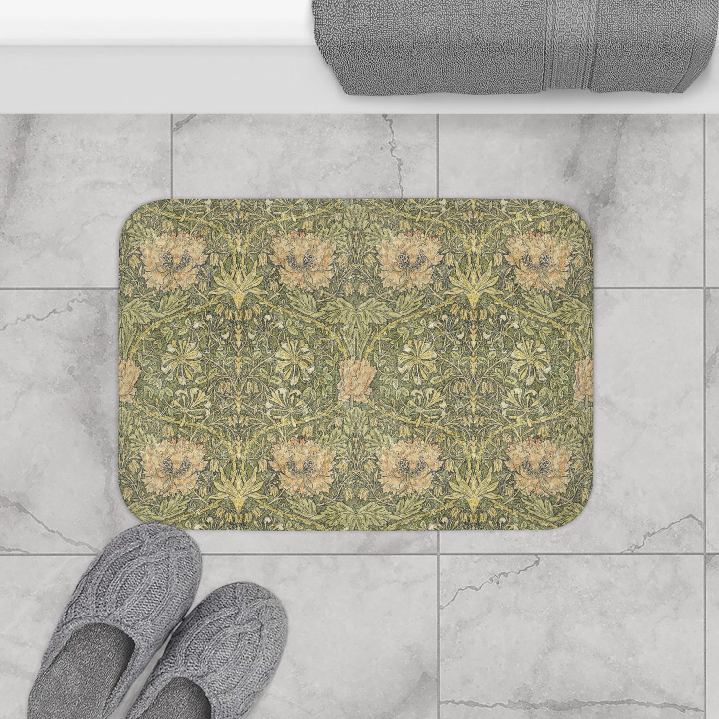 William Morris Bath Mat – Moss Green Honeysuckle Boho Rug