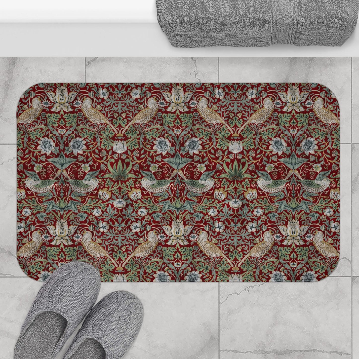 William Morris Strawberry Thief Bath Mat – Deep Burgundy Microfiber Rug