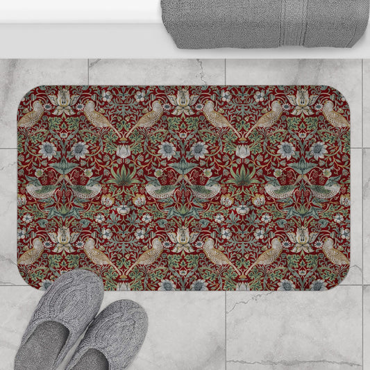 William Morris Strawberry Thief Bath Mat – Deep Burgundy Microfiber Rug
