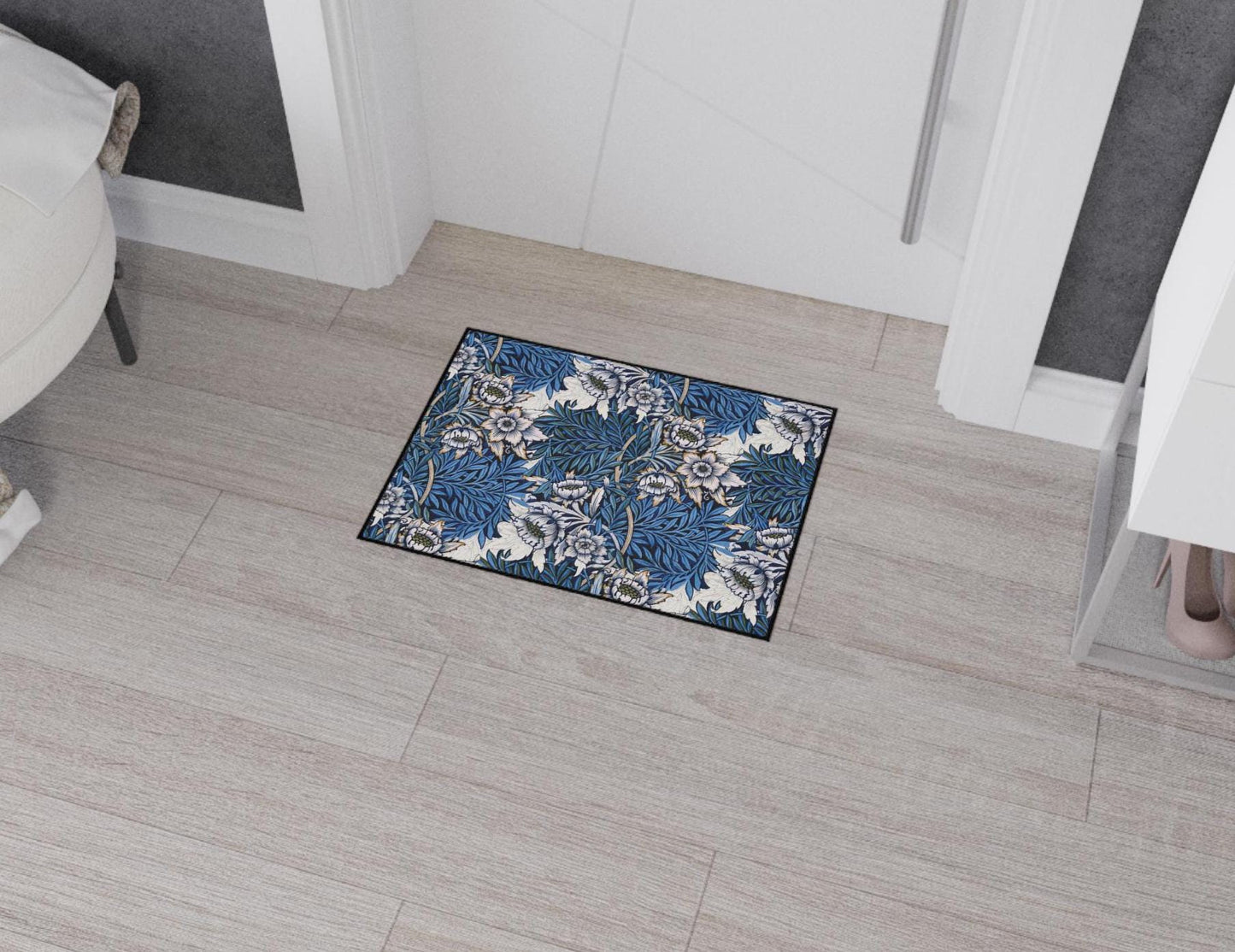 William Morris Floor Mat: Blue  Pink and Rose Floral Entry Rug