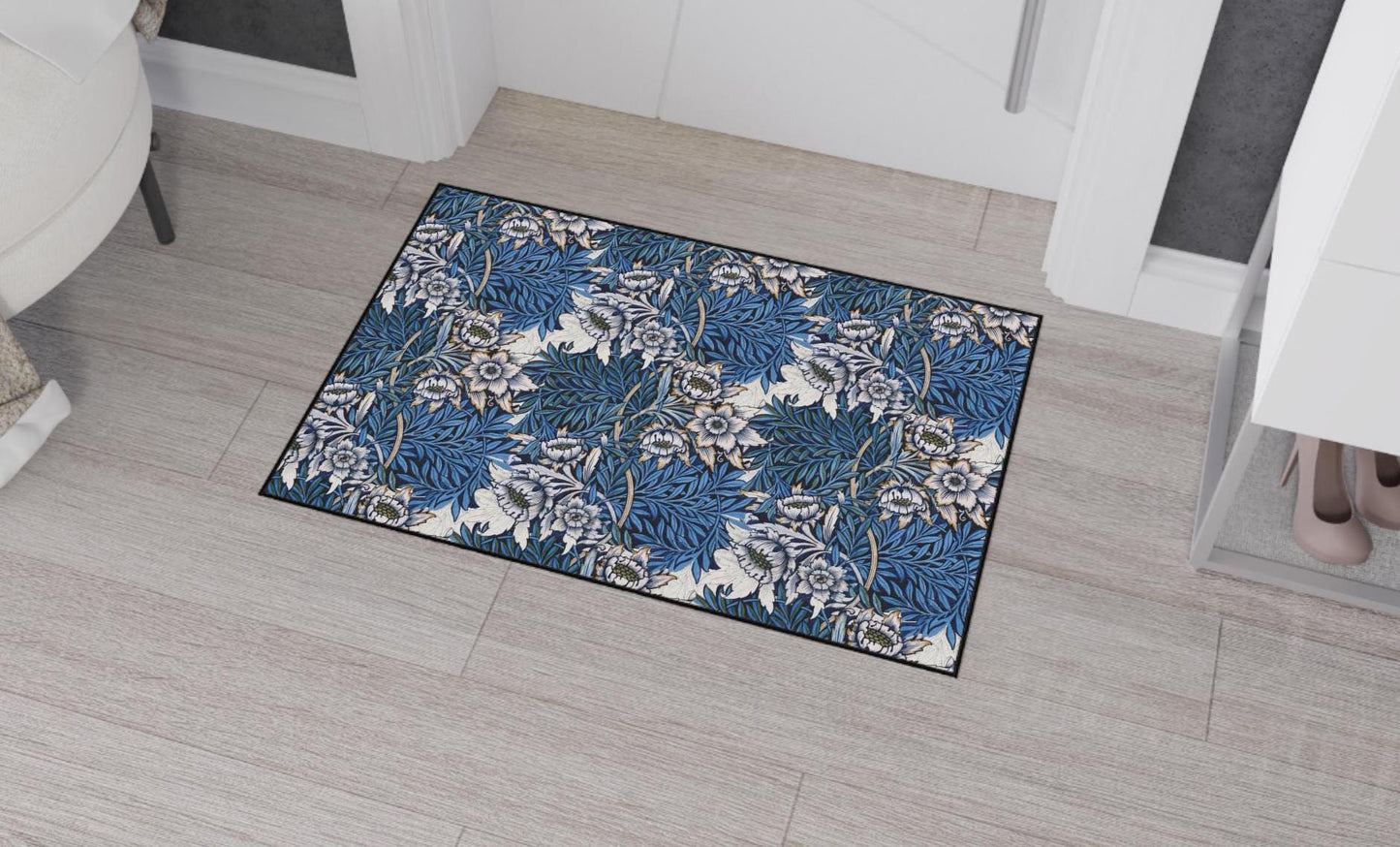 William Morris Floor Mat: Blue  Pink and Rose Floral Entry Rug