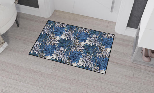 William Morris Floor Mat: Blue  Pink and Rose Floral Entry Rug