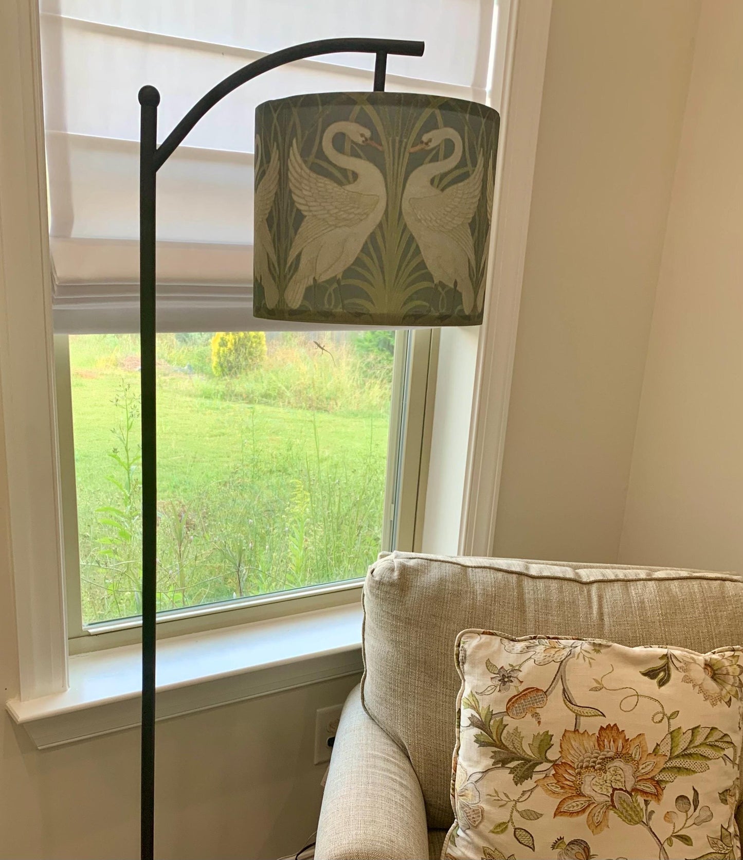 Art Nouveau Swan Arc Floor Lamp: Walter Crane Design, Fabric Shade, Made in USA