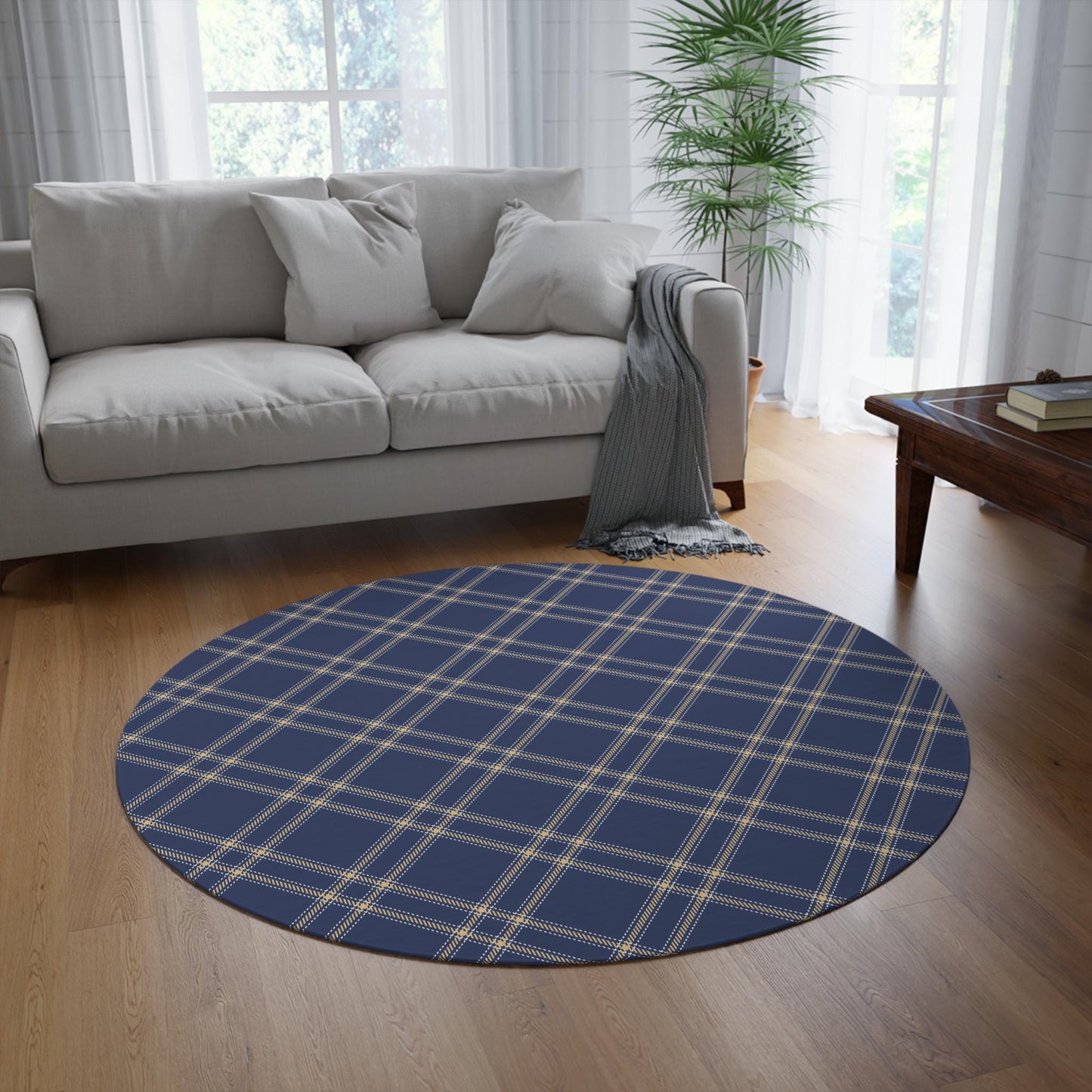 Blue Tartan Plaid Round Rug: Vintage Chenille Area Rug (5x5 ft)