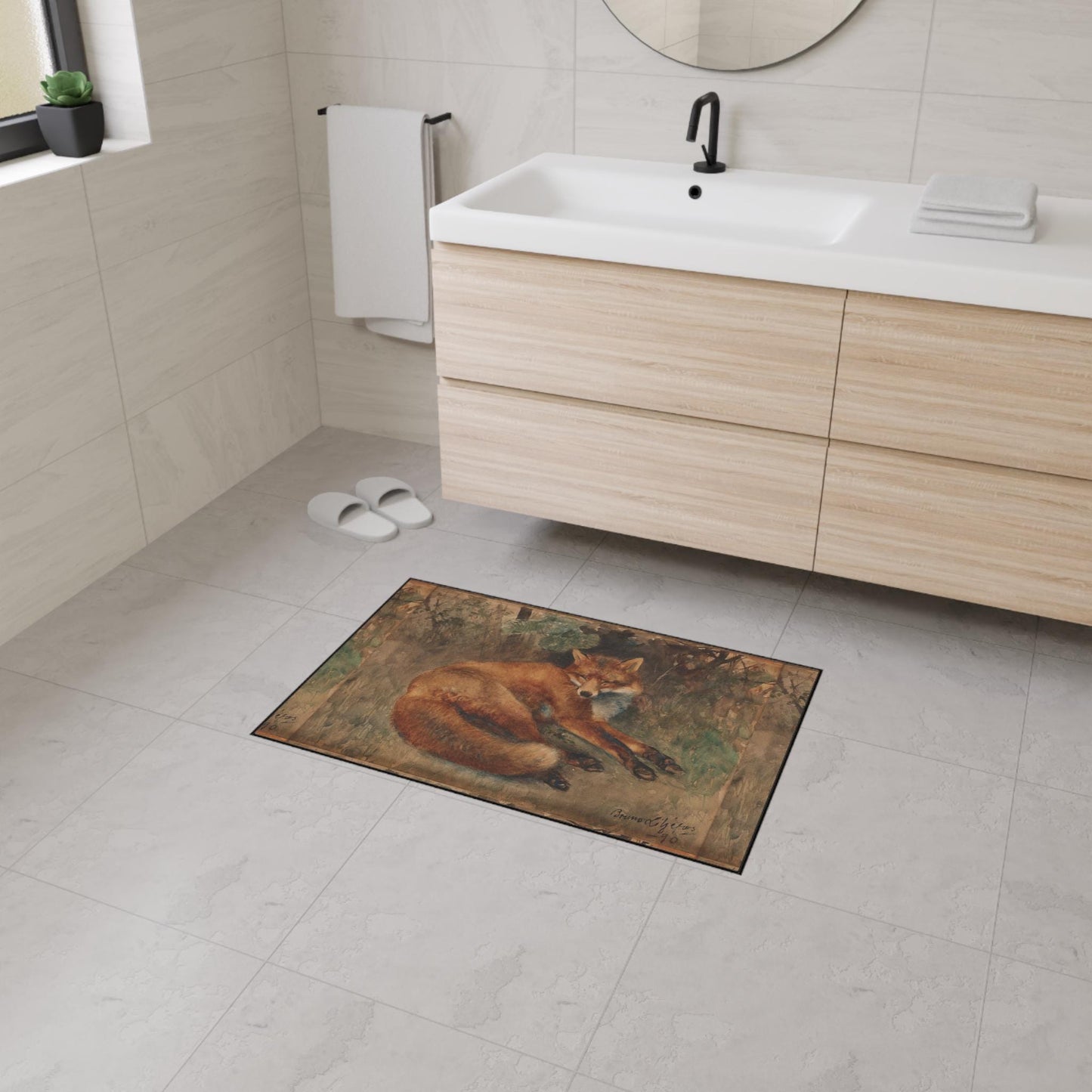 Fox Art Kitchen Mat: Bruno Liljefors Painting, Non-Slip Rug