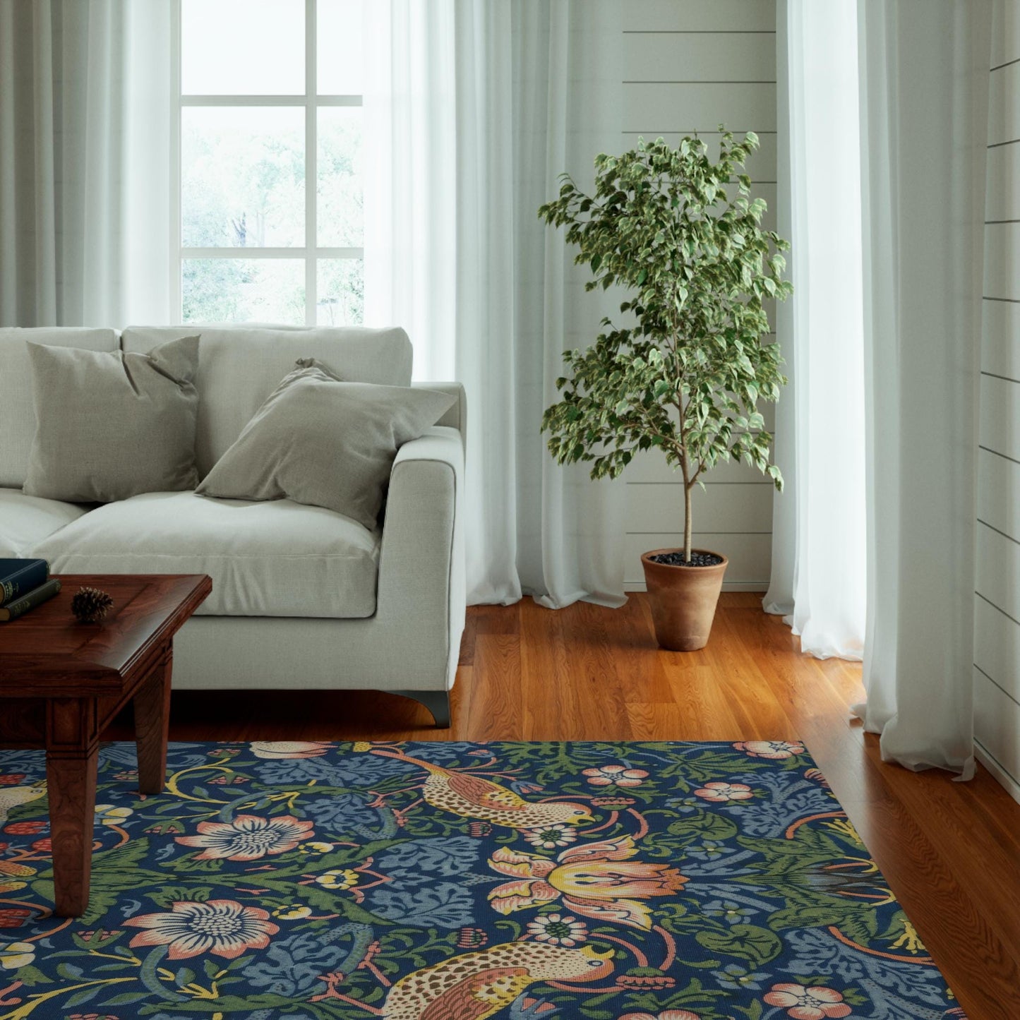 Strawberry Thief Indigo Rug, Flat Profile, Large William Morris Rug in Blue and Green
