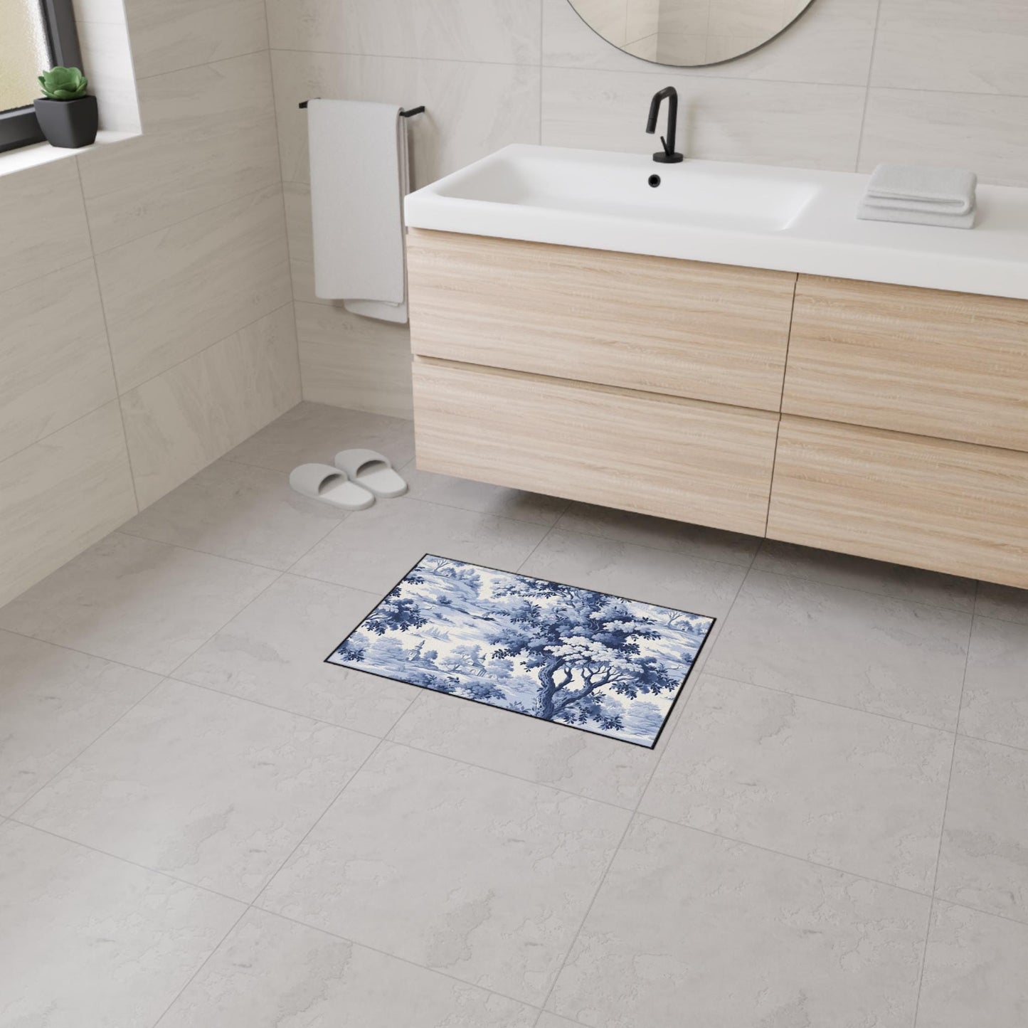 Blue Toile Chinoiserie Kitchen Rug: French Forest Heavy Duty Mat