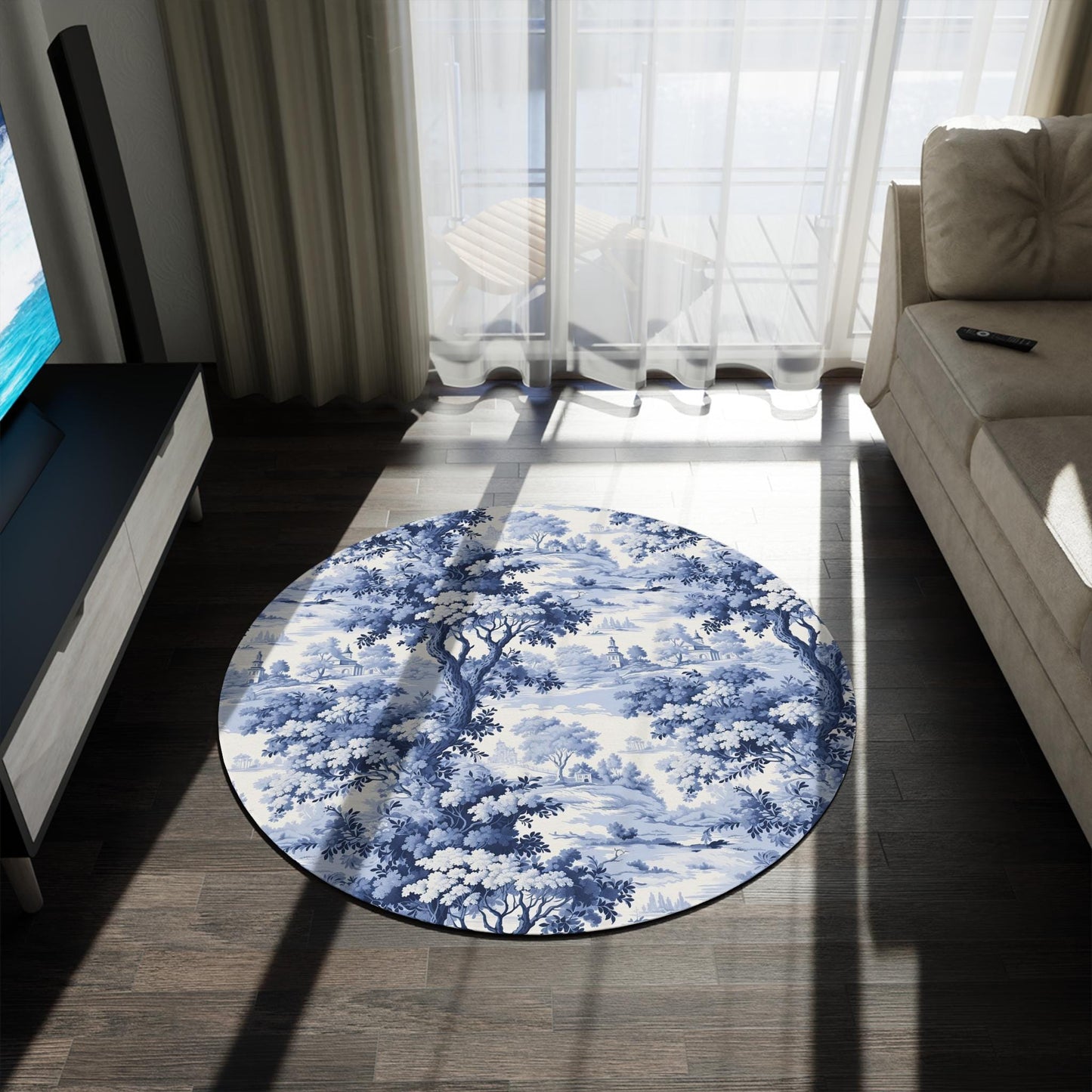 French Country Toile Rug: Blue Chinoiserie Forest, Round Chenille Rug