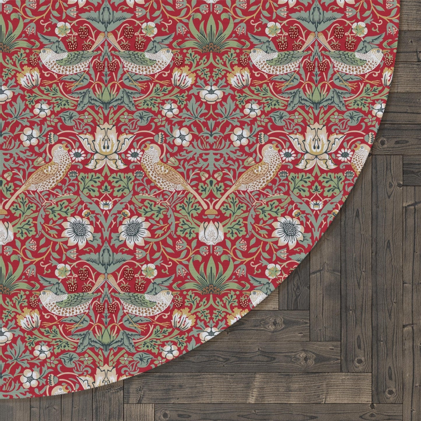 Strawberry Thief Rug, Scarlet Red Design Arts and Crafts William Morris Floral Round Rug