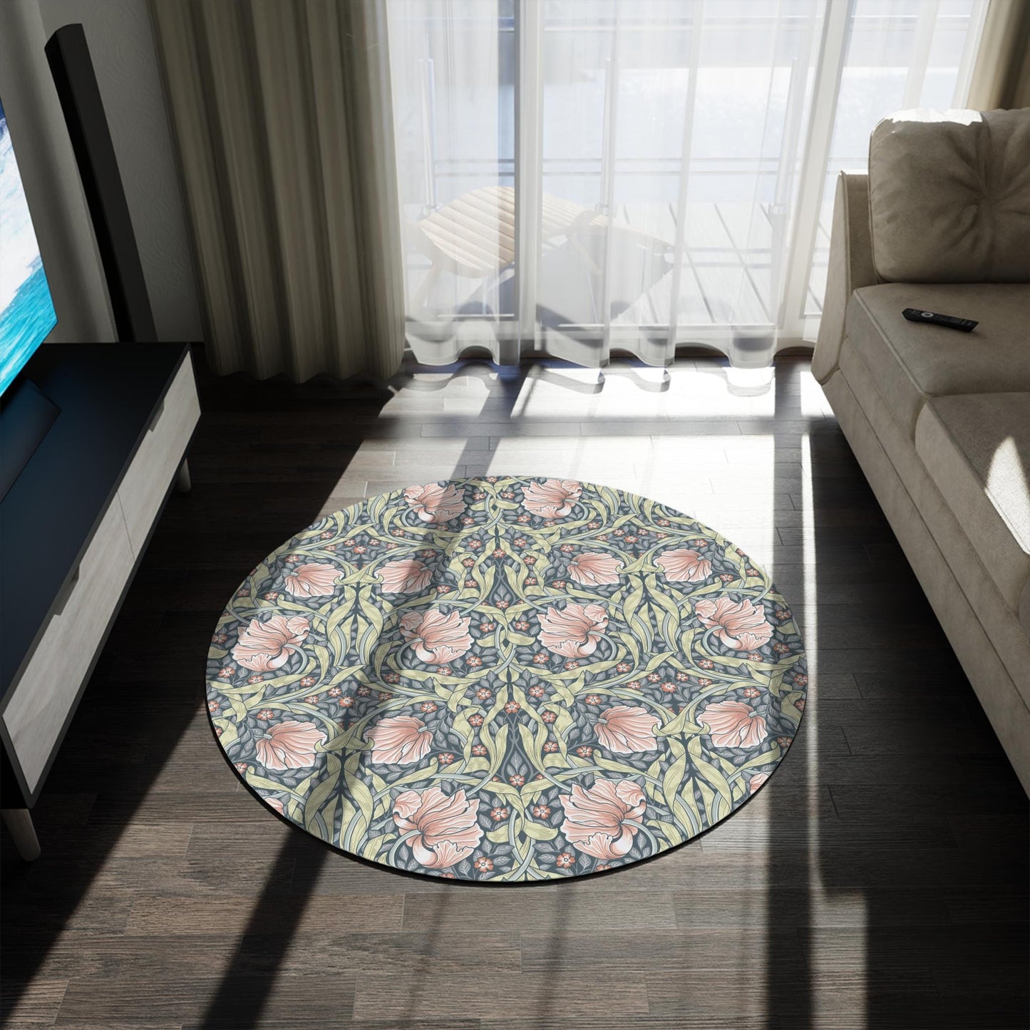 William Morris Floral Round Rug: Salmon Pink Pimpernel Art Deco Mat