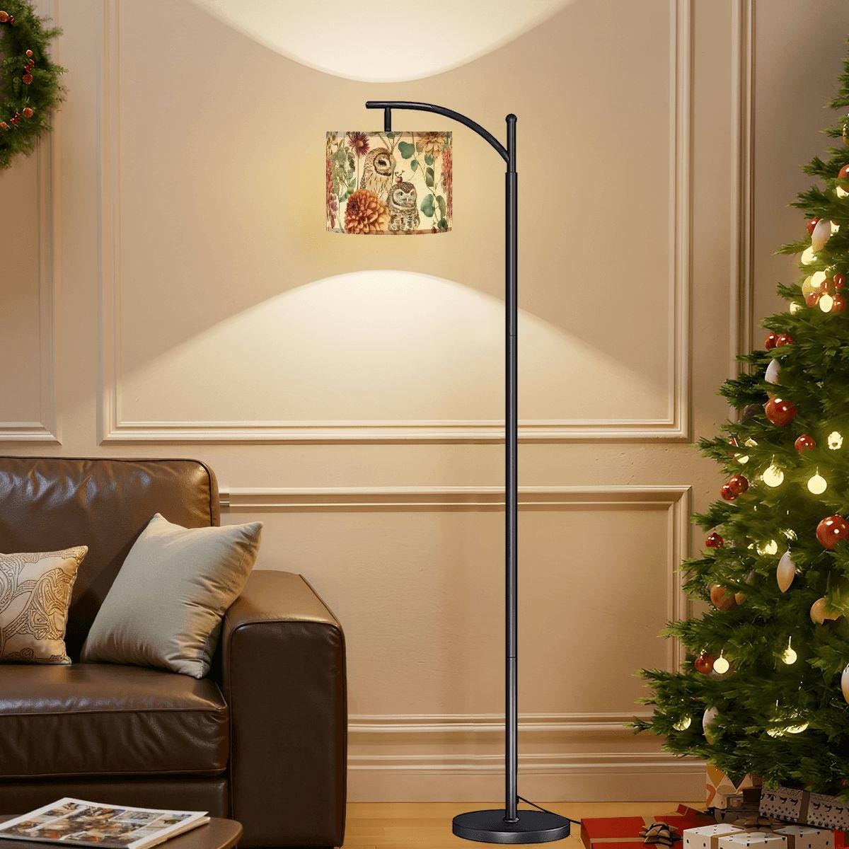 Autumn Owl Floral Arc Floor Lamp (Made in USA) Fabric Shade, Black Metal