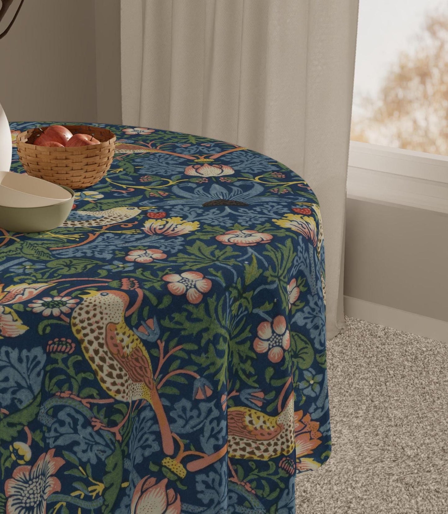 William Morris Strawberry Thief Tablecloth: Indigo Cotton-Linen Kitchen Decor