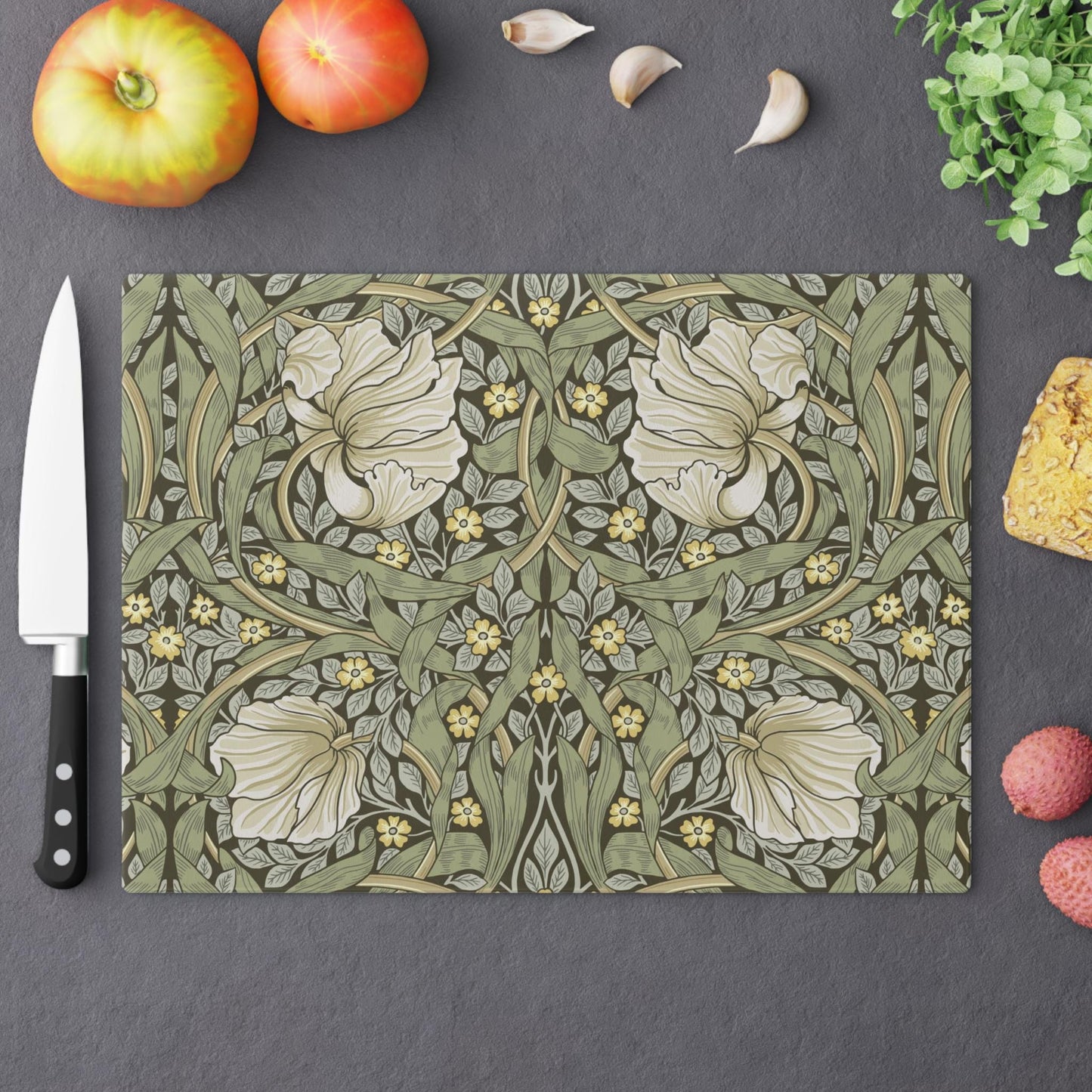 William Morris Cutting Board: Olive Pimpernel Tempered Glass Cheese Board