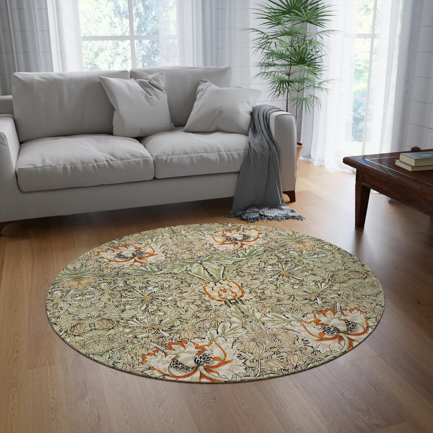 William Morris Round Rug: Honeysuckle Tulip Design, Vintage Style (5x5 ft)