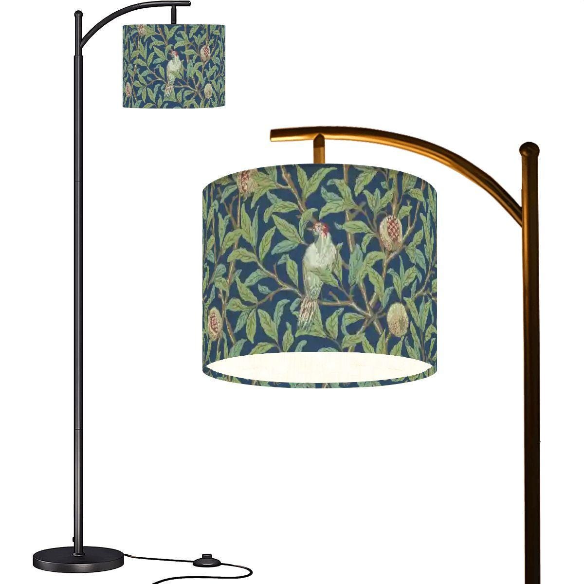 William Morris Arc Floor Lamp: Bird and Pomegranate Shade, Remote, USA Made