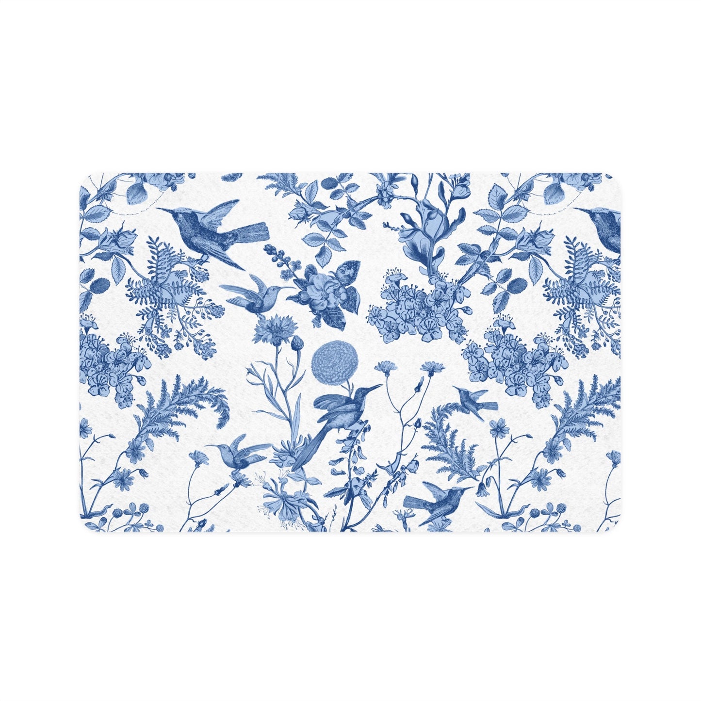 Blue Hummingbird Toile Pet Mat: French Country Floral (12x18)