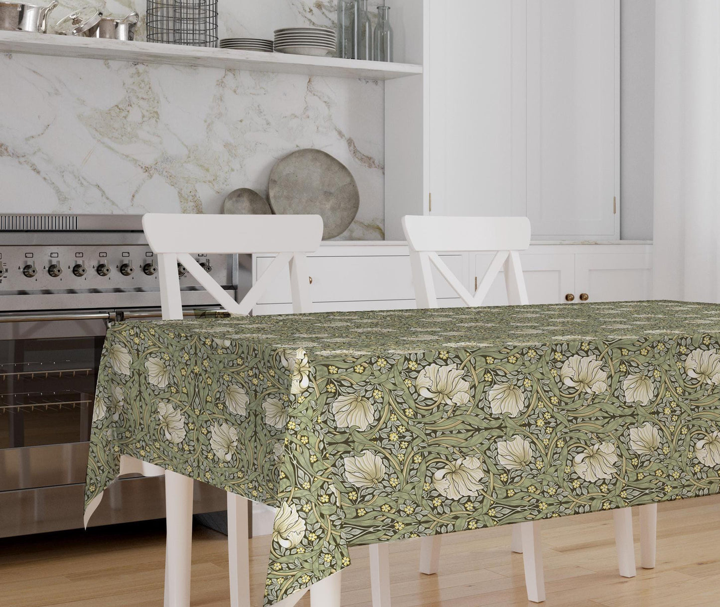 William Morris Pimpernel Tablecloth: Olive Green Cotton Linen Dining Decor