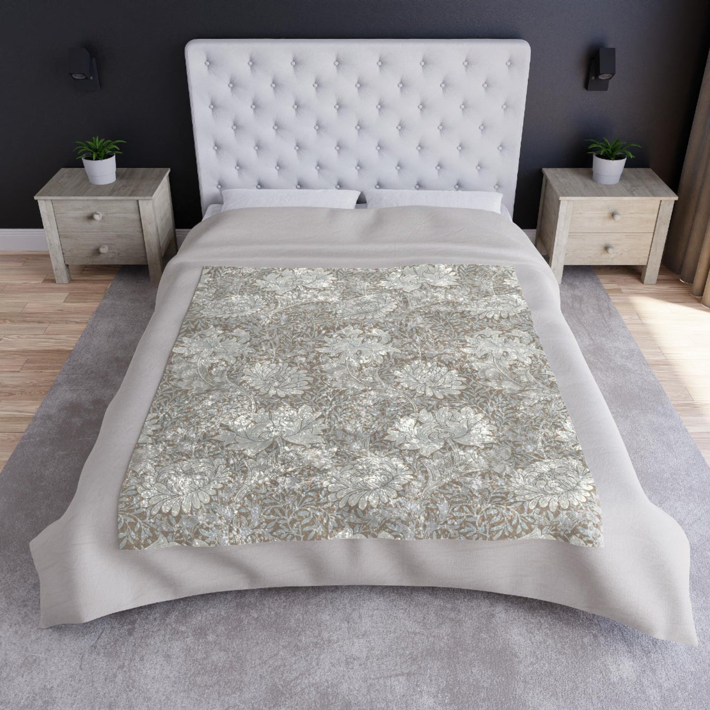 William Morris Chrysanthemum Neutral  Crushed Velvet Blanket