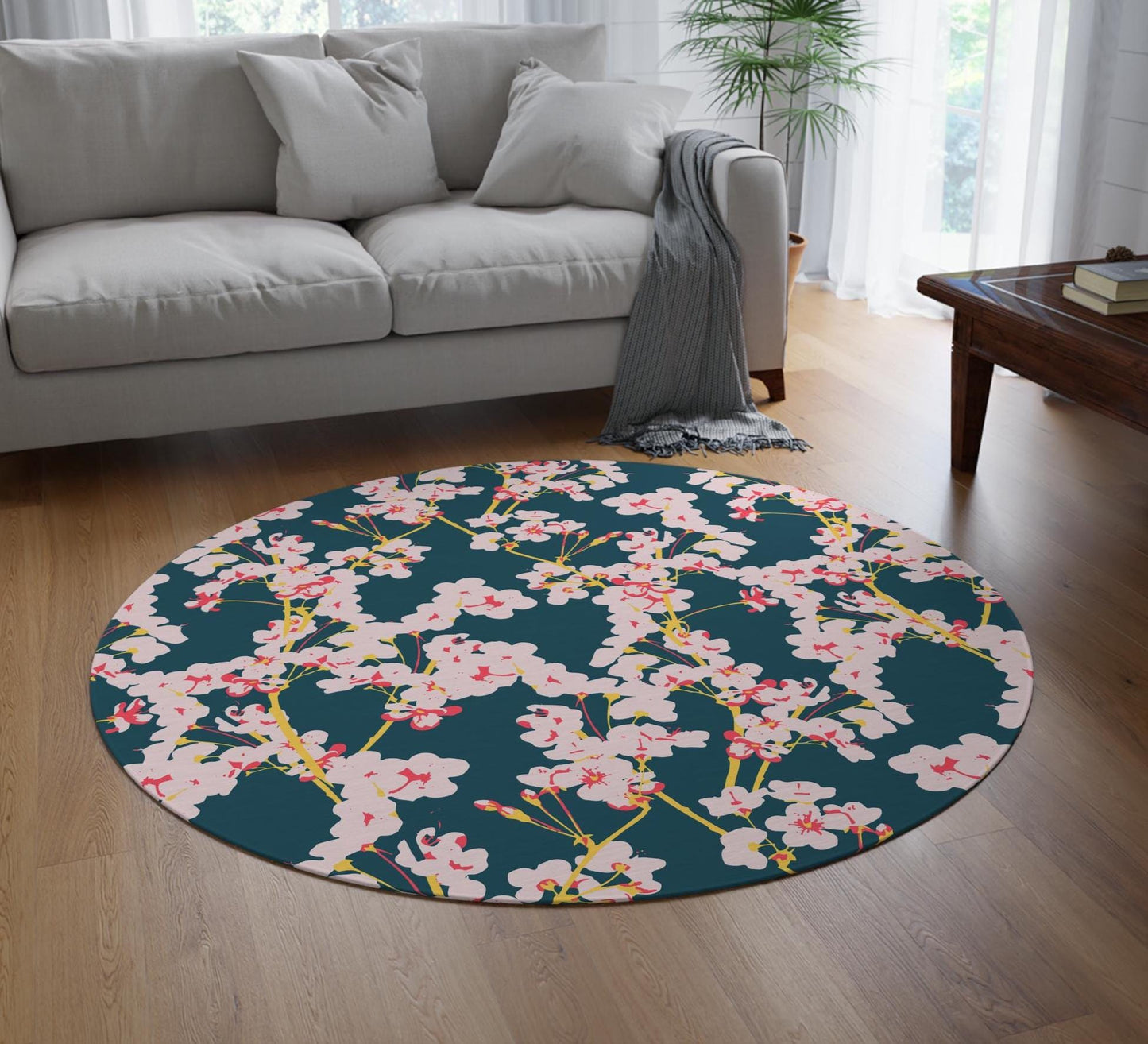 Cherry Blossom Circular Area Rug: Green & Pink Floral Chenille Rug (5x5 ft)