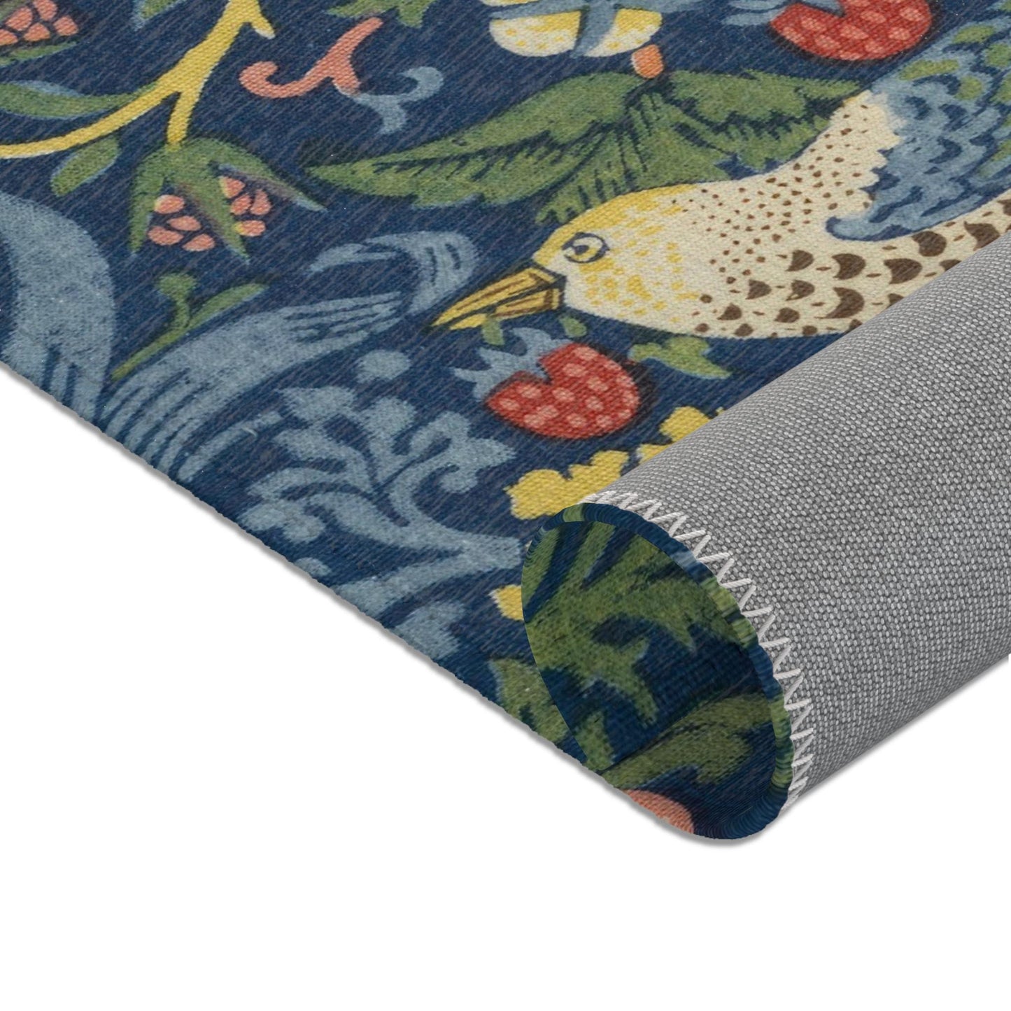 Strawberry Thief Indigo Rug, Flat Profile, Large William Morris Rug in Blue and Green