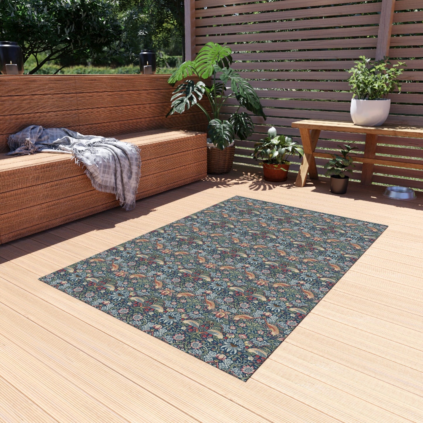 Strawberry Thief William Morris Rug: Blue Chenille Indoor Outdoor Mat
