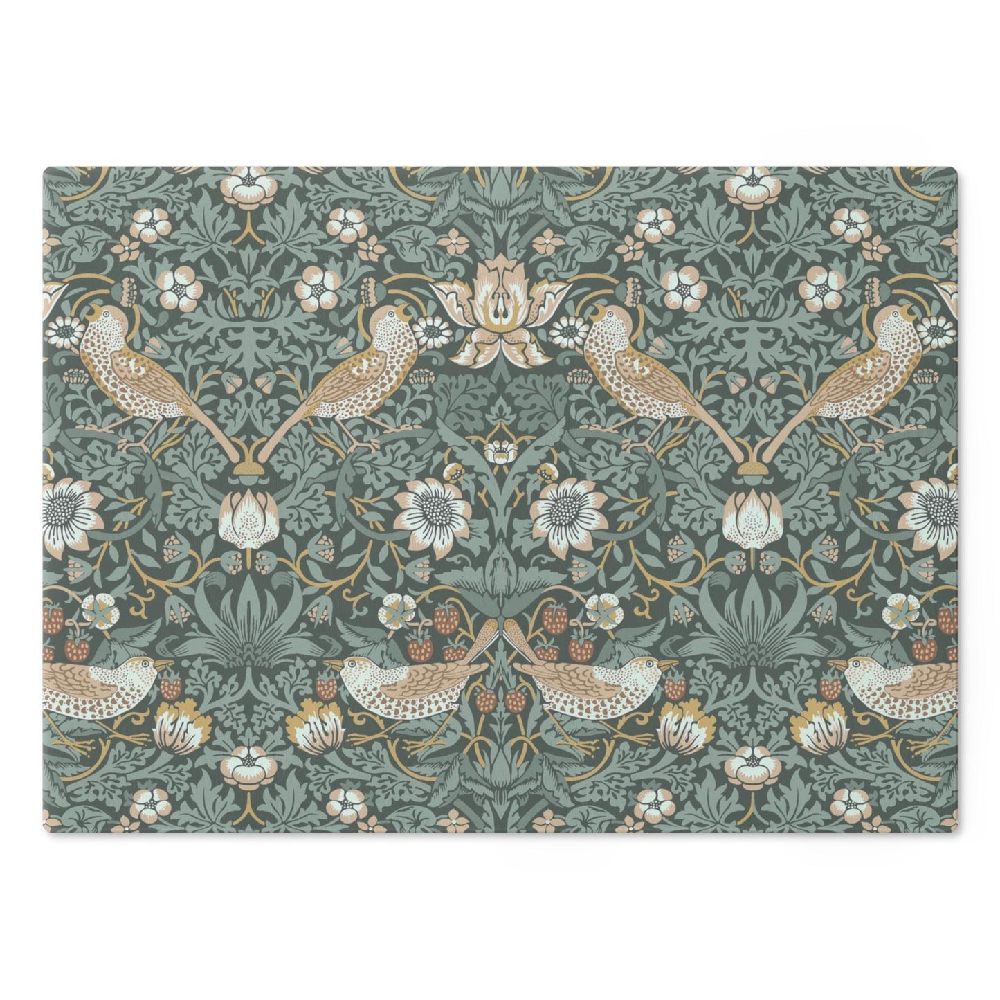 William Morris Strawberry Thief Cutting Board: Teal Tempered Glass Cheese Board